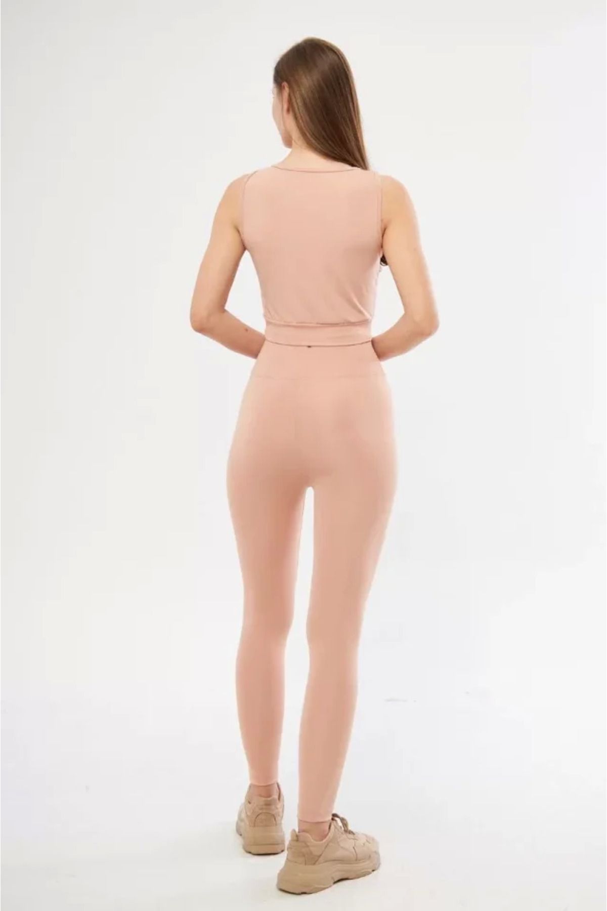Omarı Dalgalı Desenli Tayt ve Crop Top Takım - Bej