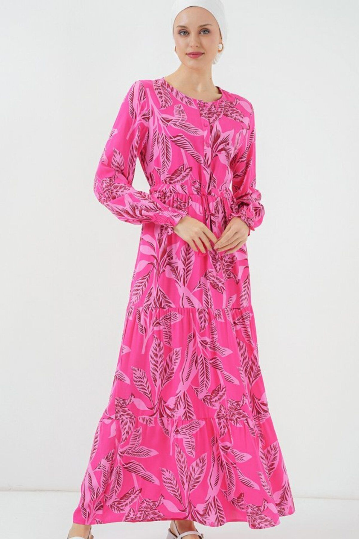 D&M Life Collection 2145 Desenli Tesettür Elbise - Fuşya - 38