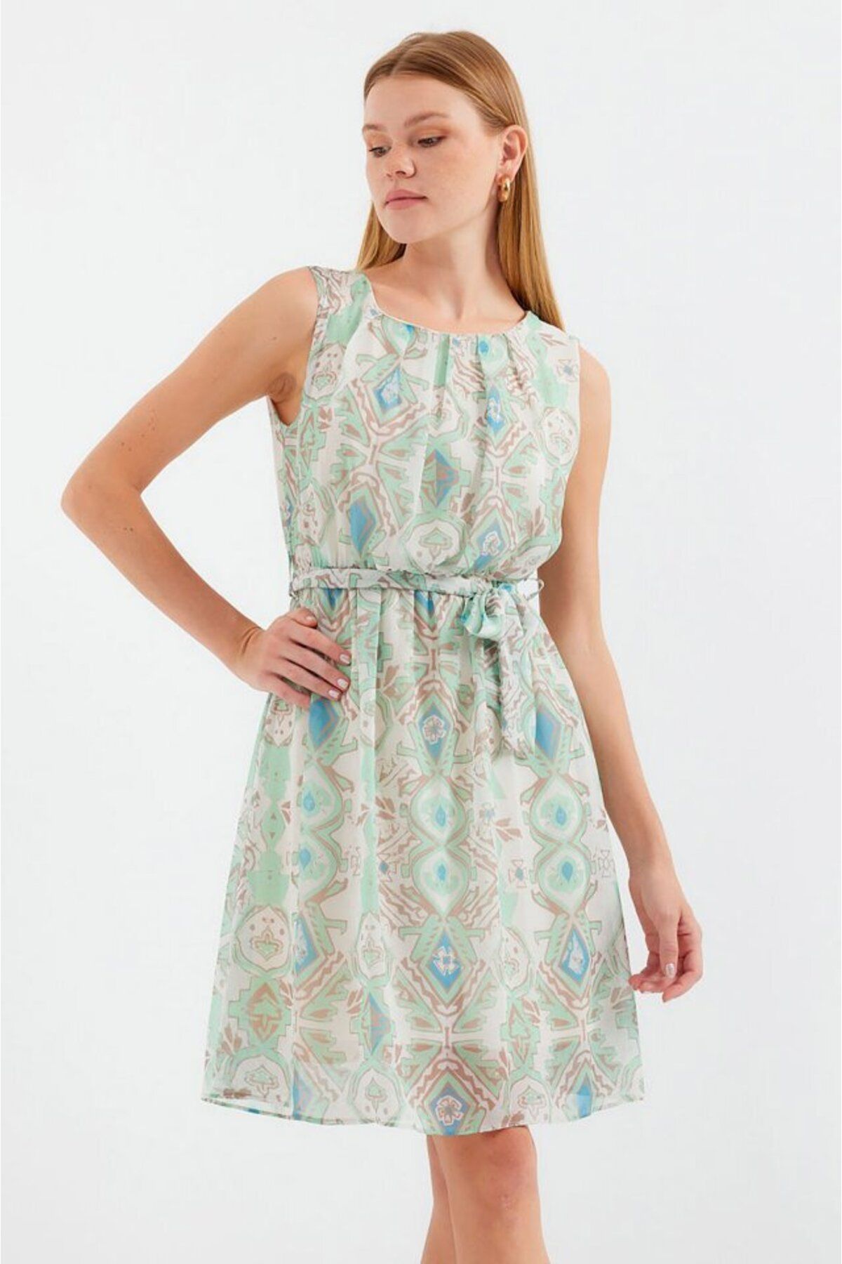 D&M Life Collection 2501 Desenli Sıfır Kol Şifon Elbise - Mint - 42 - Mint