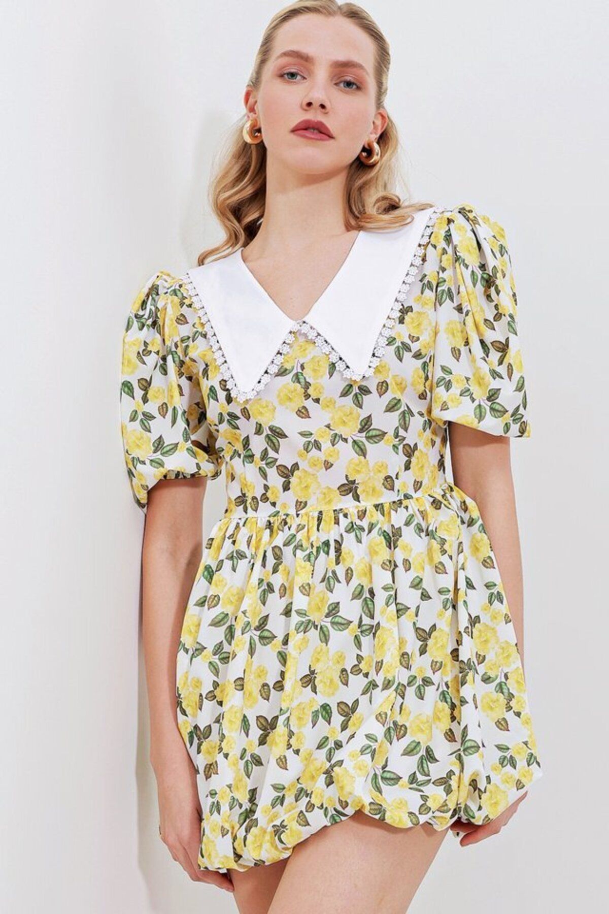 D&M Life Collection 2478 Çiçekli Mini Elbise - Sarı