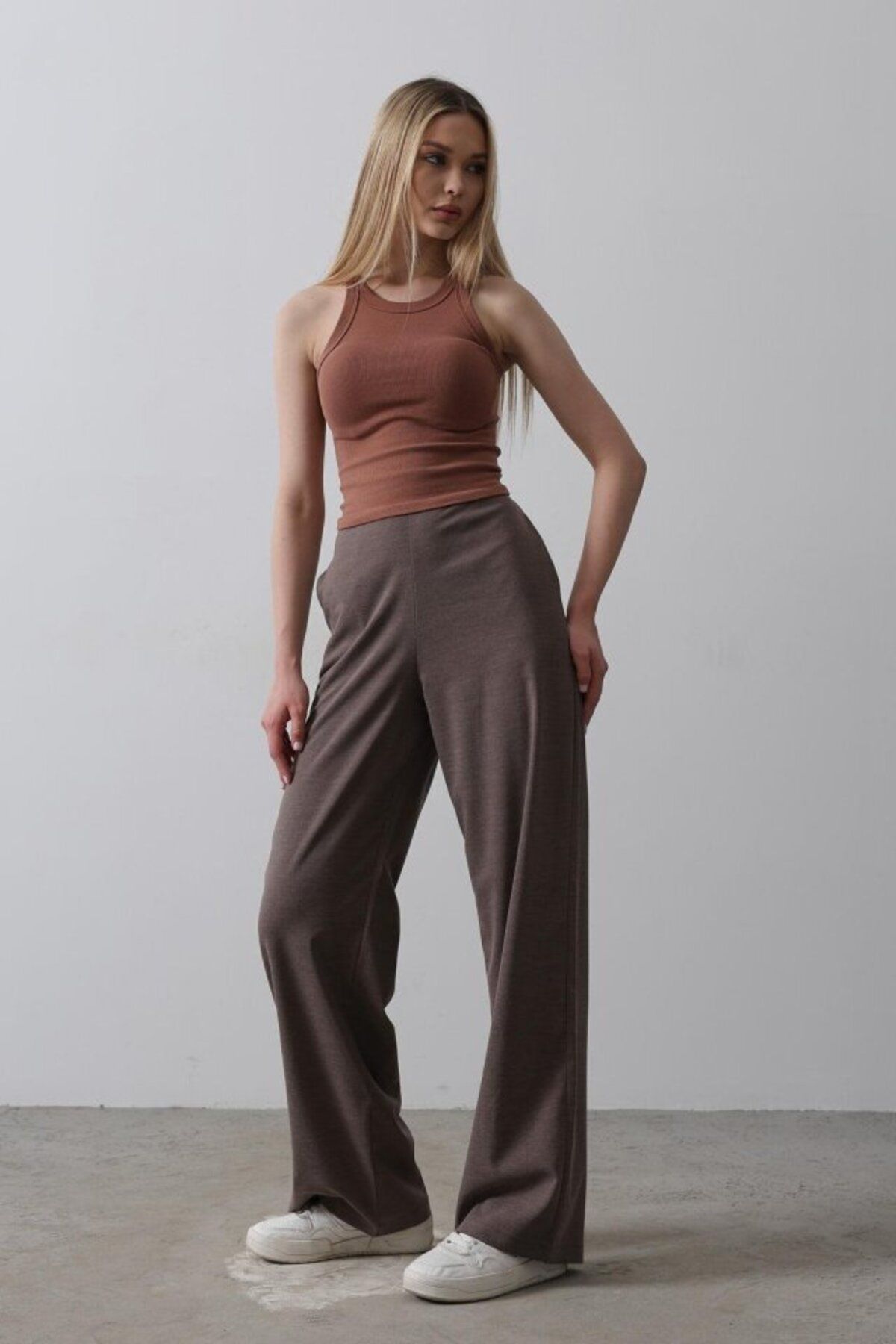 D&M Life Collection Beli Yarım Lastikli Palazzo Pantolon - Kahve