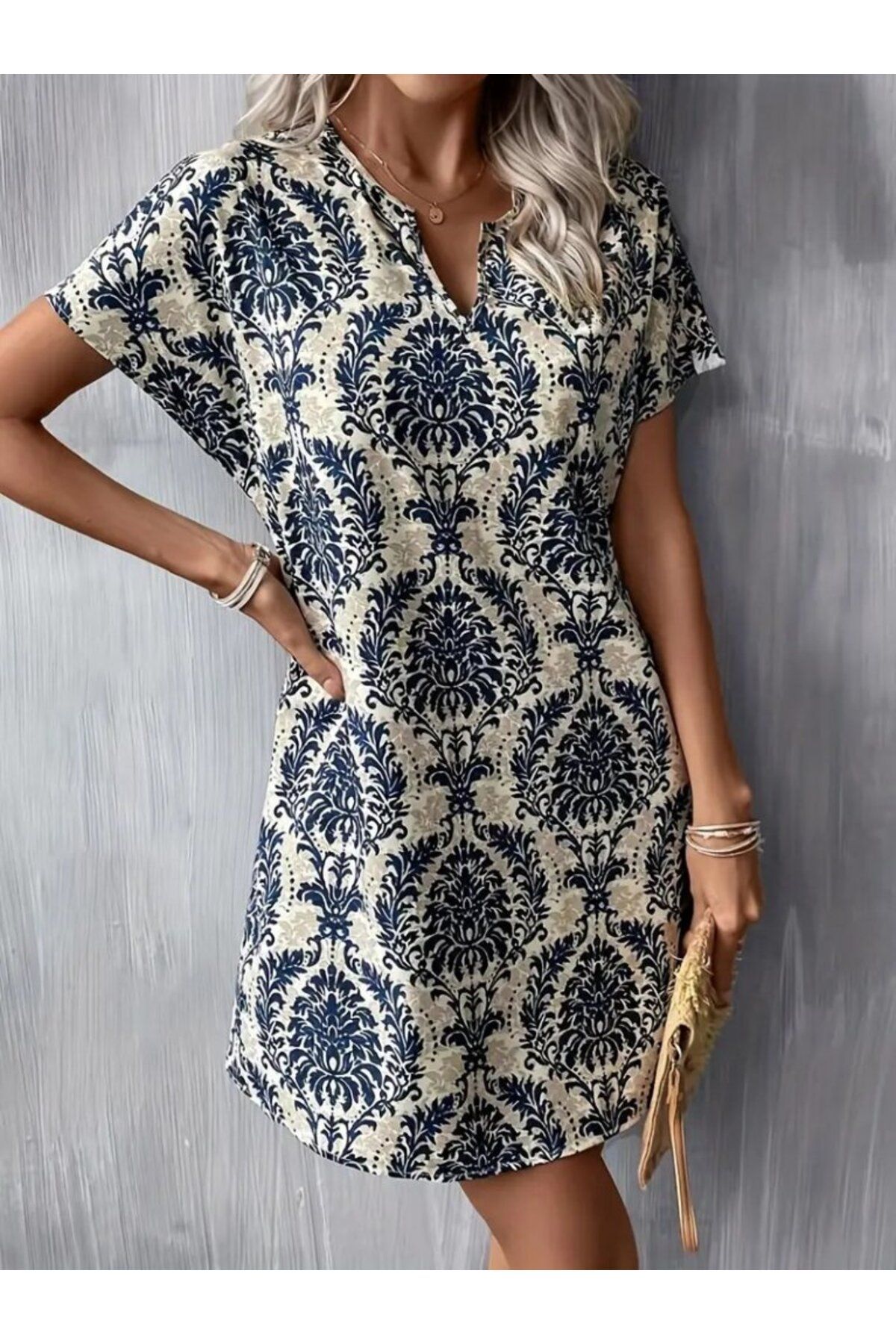 D&M Life Collection Kadın Kısa Kollu çentik Yaka çiçek Desenli Keten Elbise - L-XL - Desenli