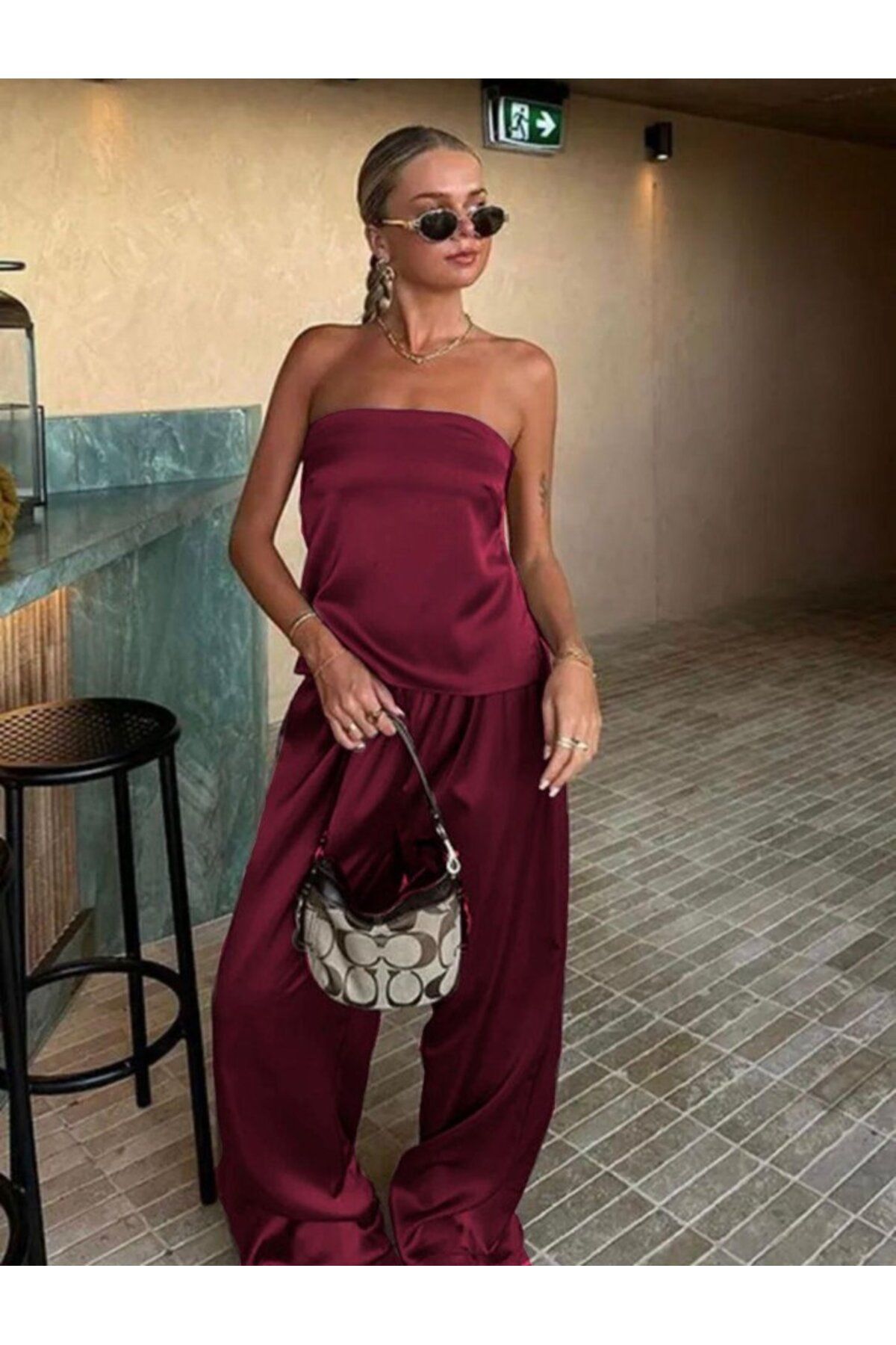 D&M Life Collection Kadın Likralı Saten Kumaş Straplez Bağlamalı Ikili Takım - XL - Bordo