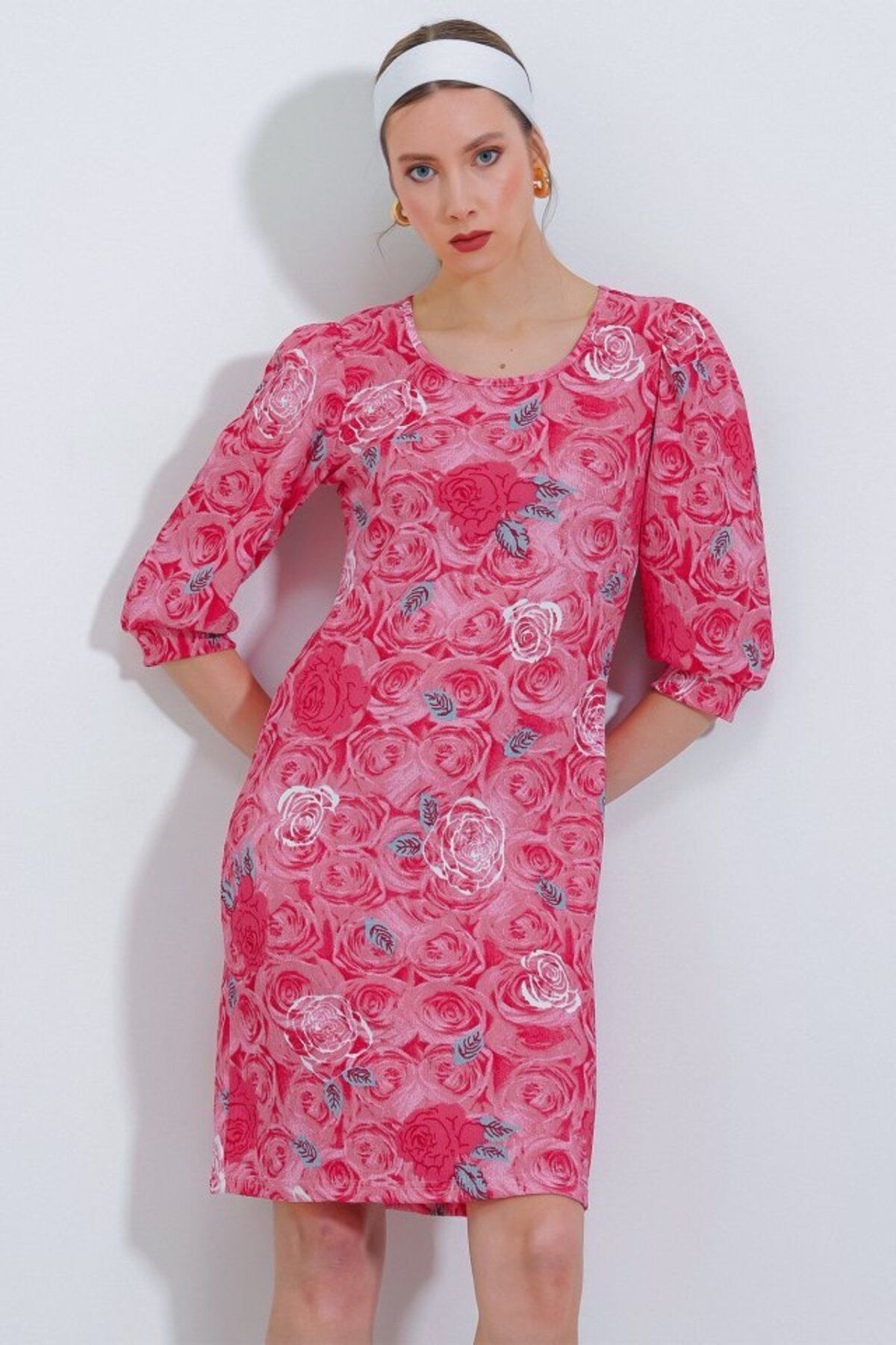 D&M Life Collection Nar Gül Desenli Midi Elbise 2477 - 40 - Nar
