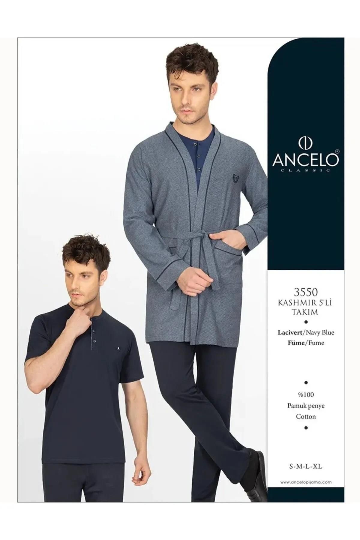ANCELO Çeyizlik Erkek Ropdöşambır Set, 5 Parça, Kısakol Pijama Uzunkol Pijama ve Sabahlık