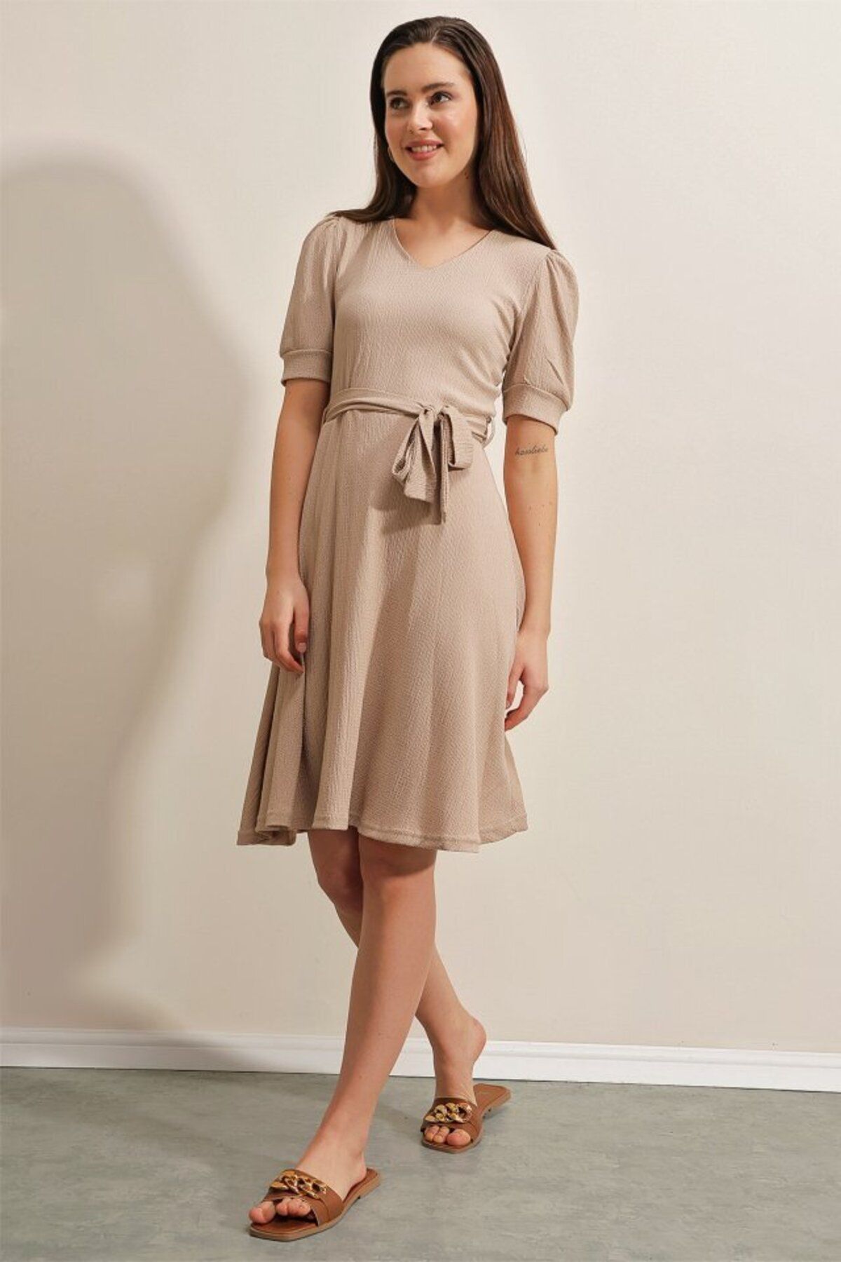 D&M Life Collection 2370 Kuşaklı Örme Elbise - Bej - 38