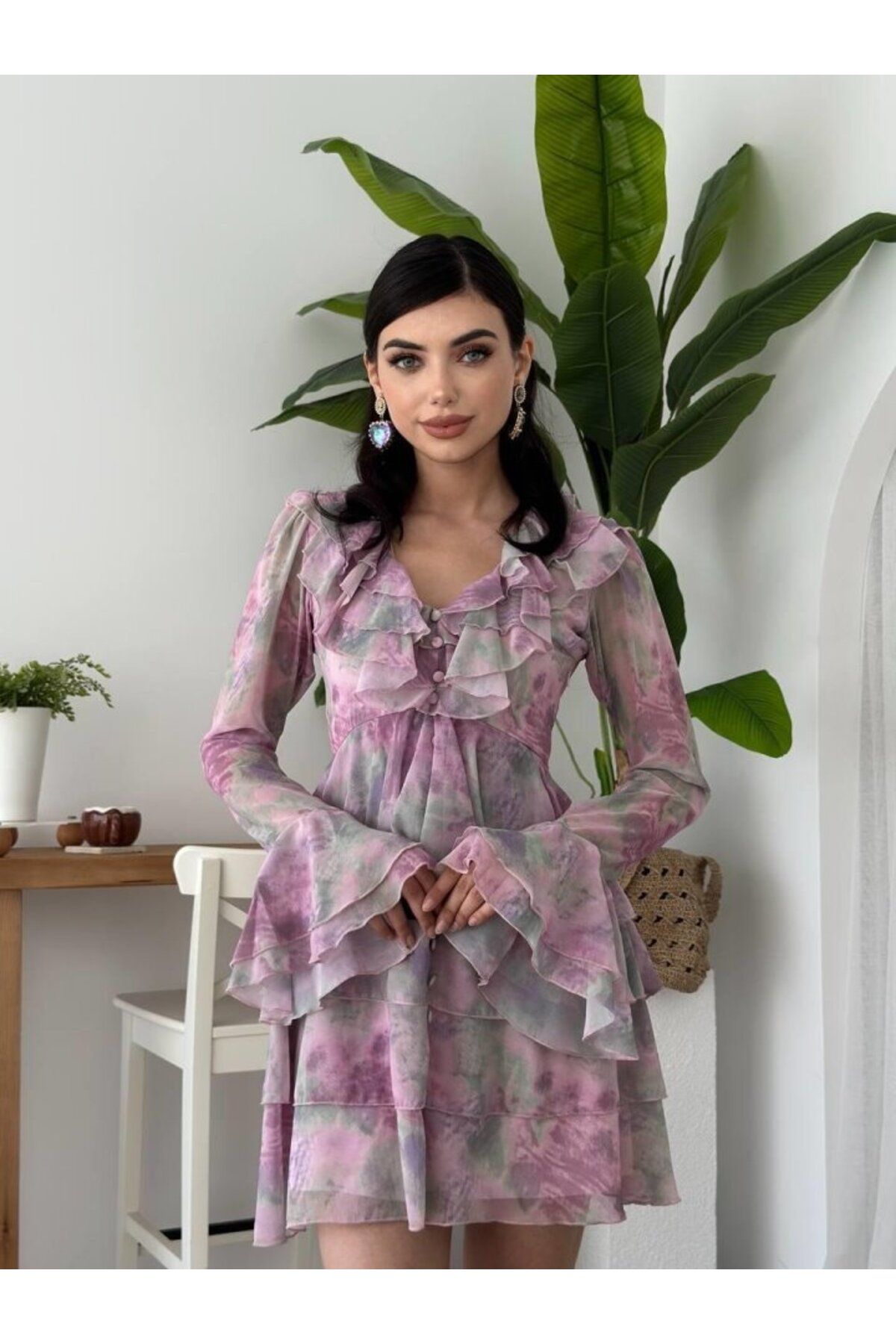 D&M Life Collection Elose Fırfırlı Elbise - L - Desenli