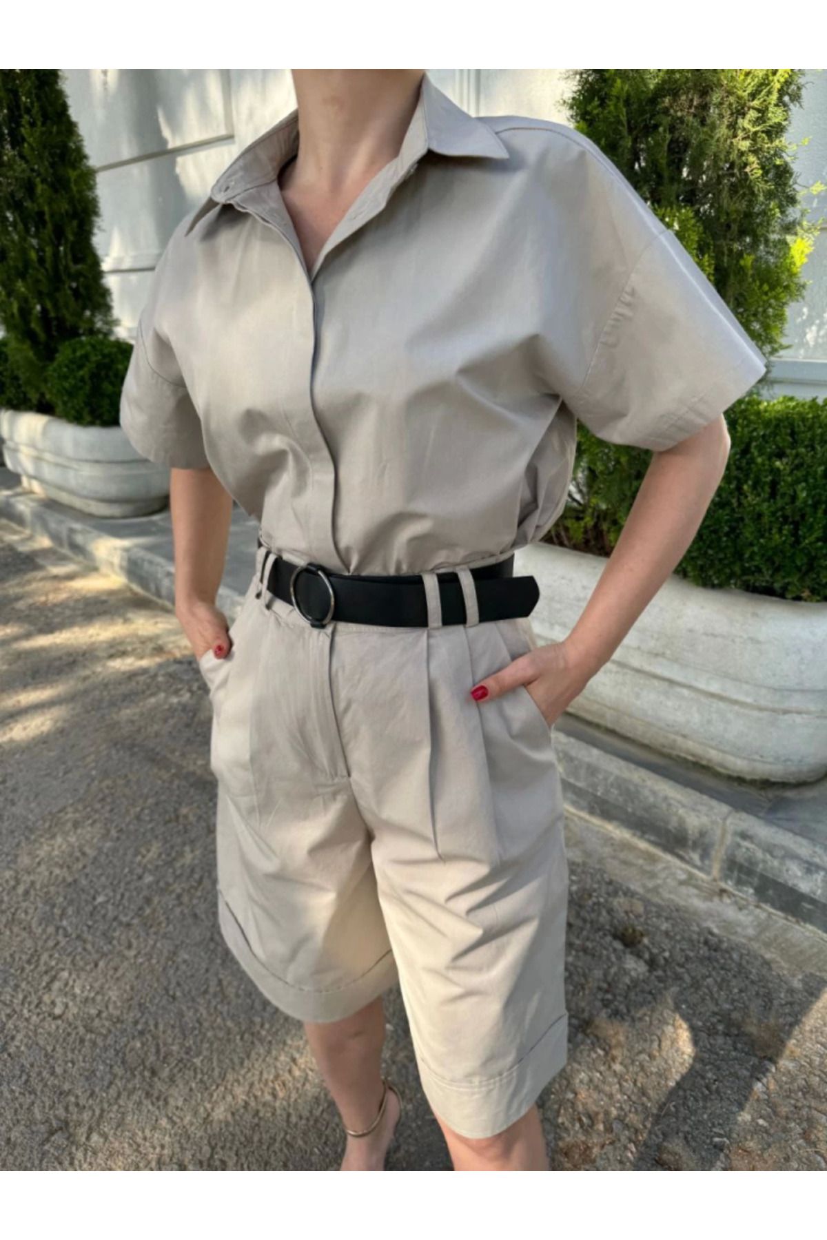D&M Life Collection Yakalı Gömlek Kemerli Şortlu Takım - Gri - L