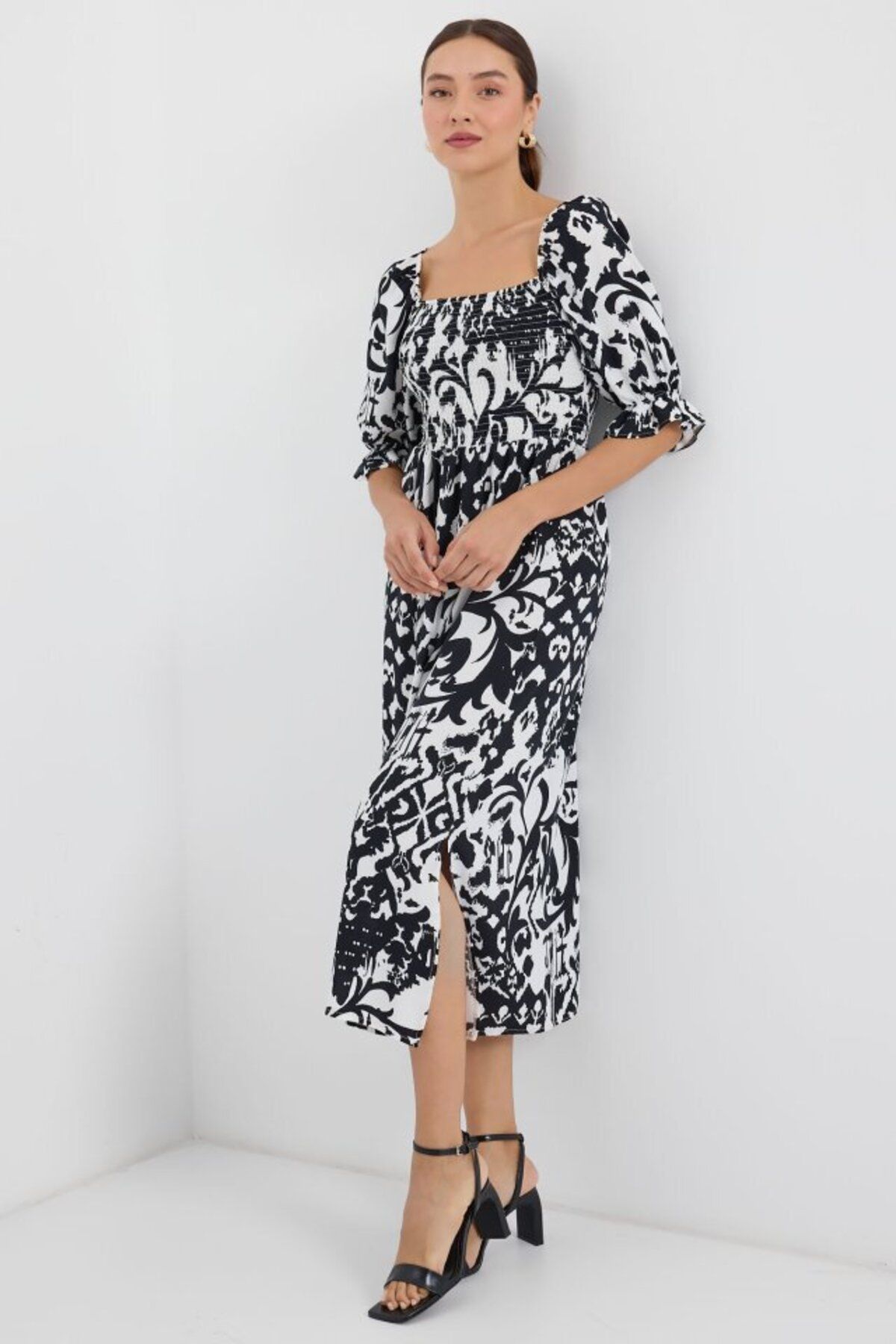 D&M Life Collection 2512 Desenli Yırtmaçlı Elbise - Siyah - 38 - Siyah