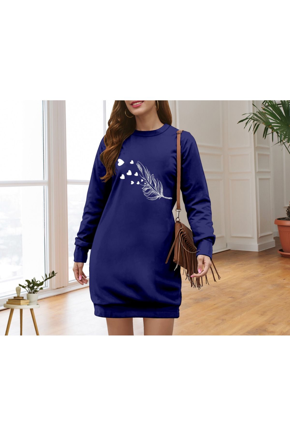 D&M Life Collection Kadın Uzun Kollu Bisiklet Yaka Desenli Viskon Iki Iplik Elbise - 2XL-3XL - Lacivert