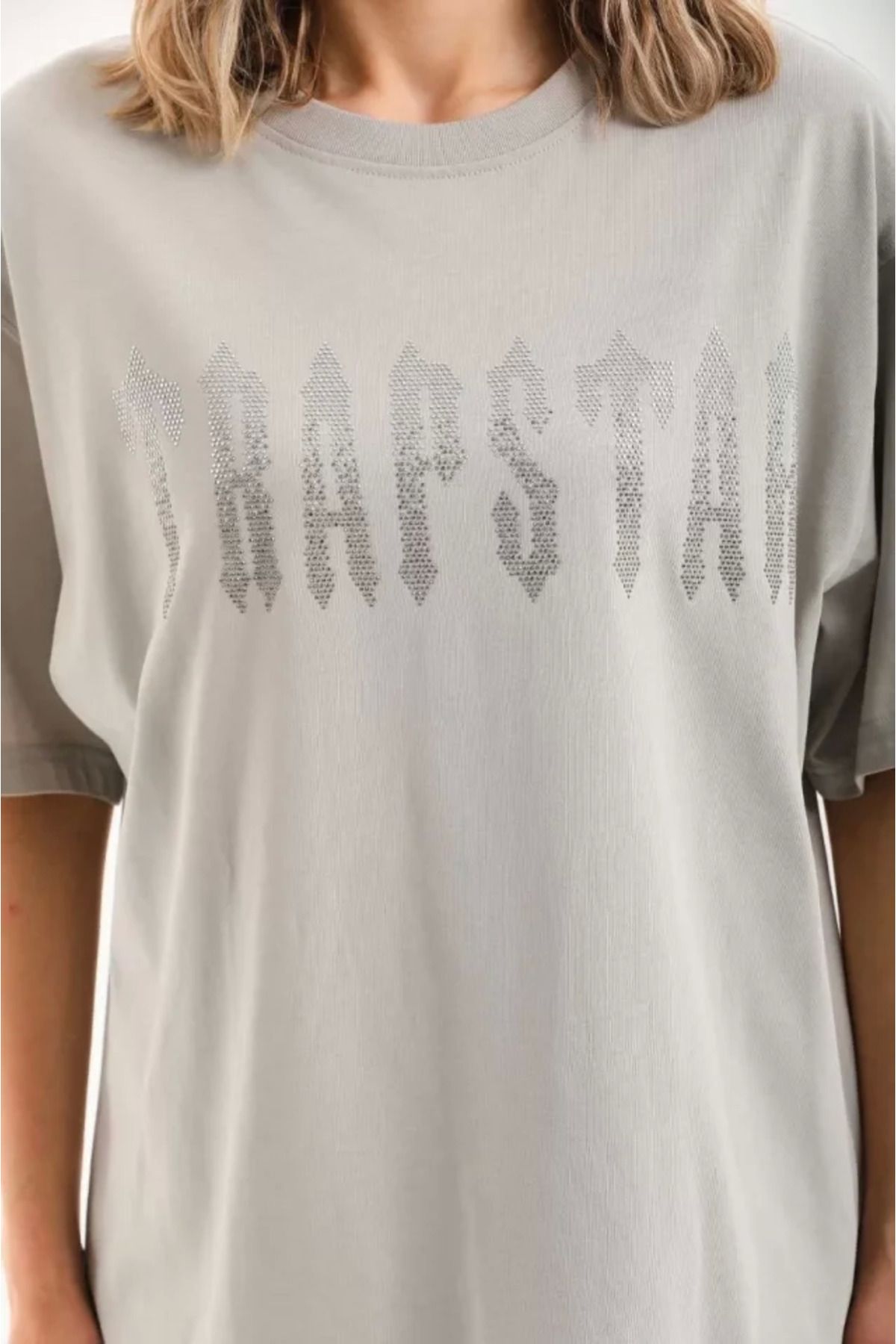 Omarı Omarı Moda Trendi Taş Desenli Oversize T-Shirt - Gri