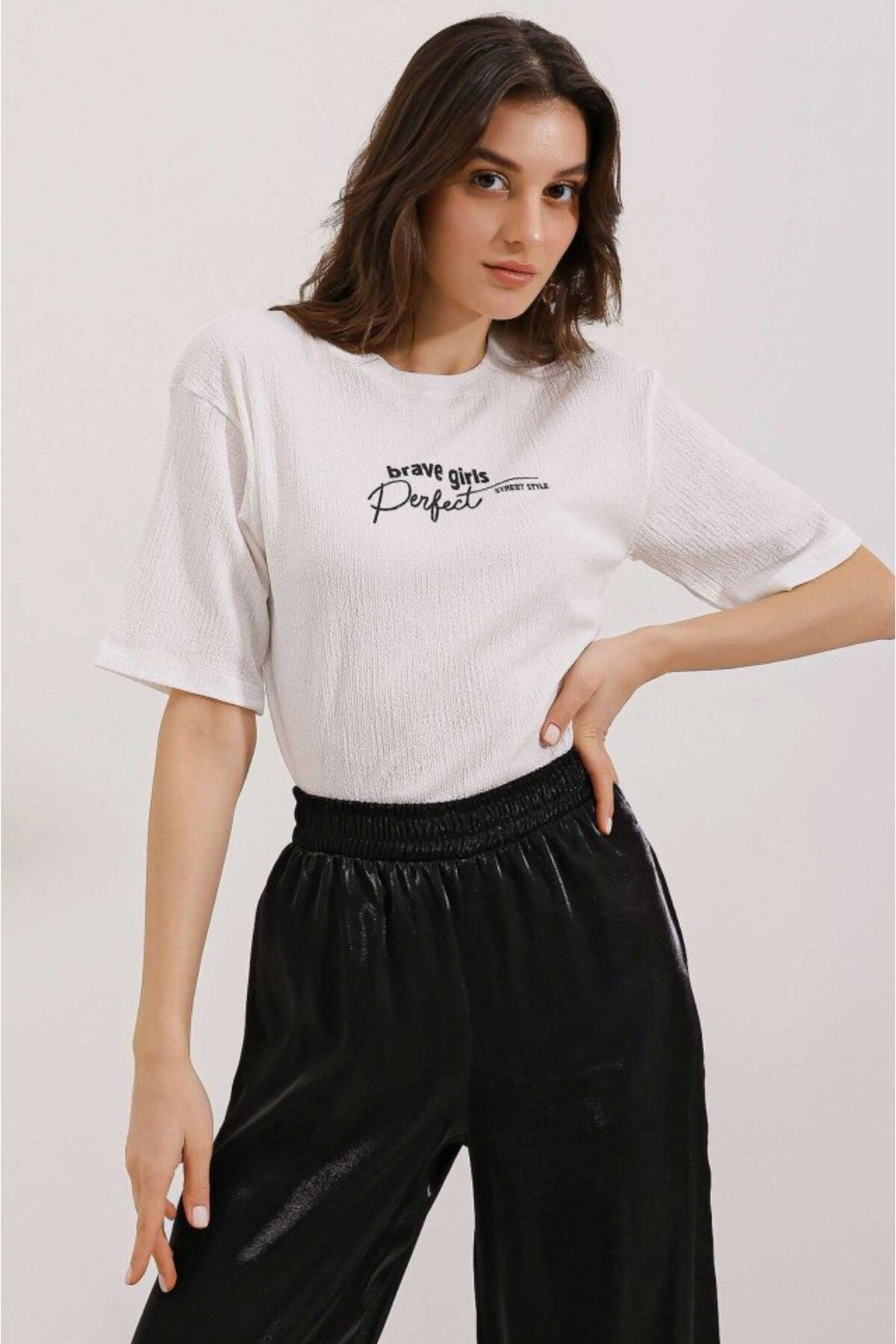 D&M Life Collection 0472 Baskılı Oversize Örme Tişört - Beyaz - 42
