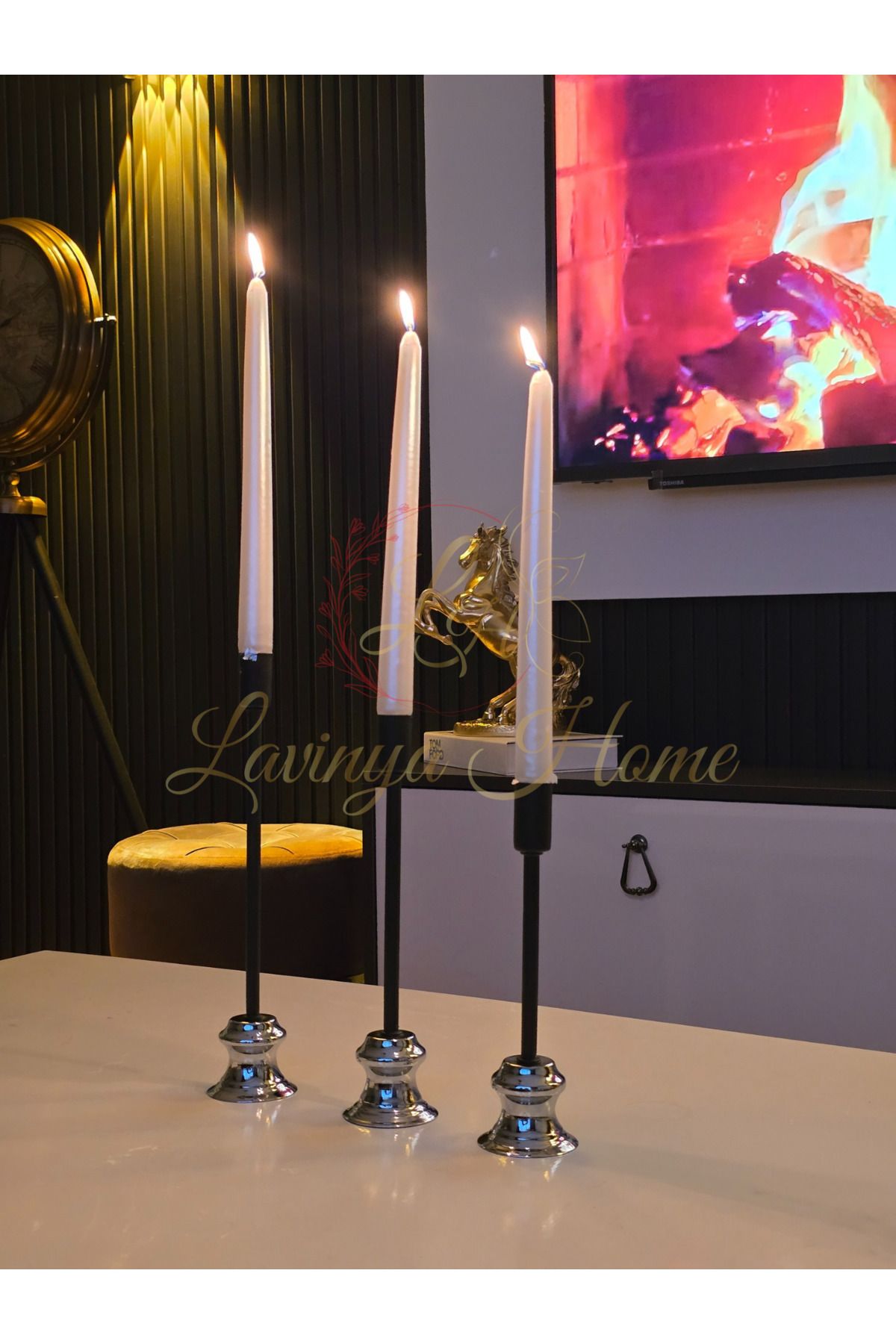 LH Lavinya Home Şamdan Takımı 3'lü | Dekoratif Metal Gümüş Renk | Şık Masa ve Konsol Aksesuarı
