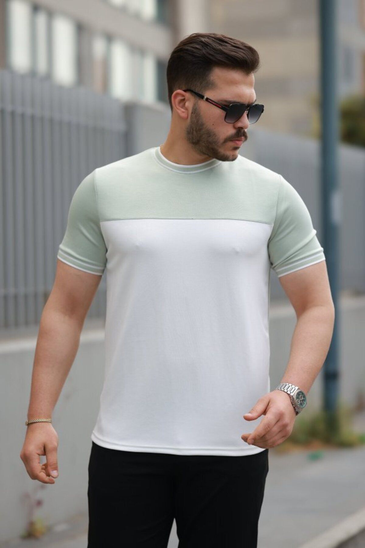 D&M Life Collection Erkek Parçalı Renk Kısa Kollu Tişört - 2XL - Çağla Yeşili