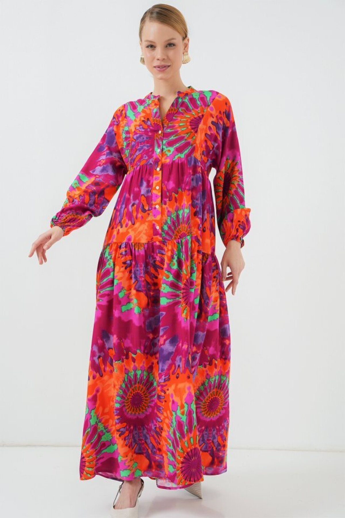 D&M Life Collection 2423 Otantik Desenli Tesettür Elbise - H. Fuşya - 50