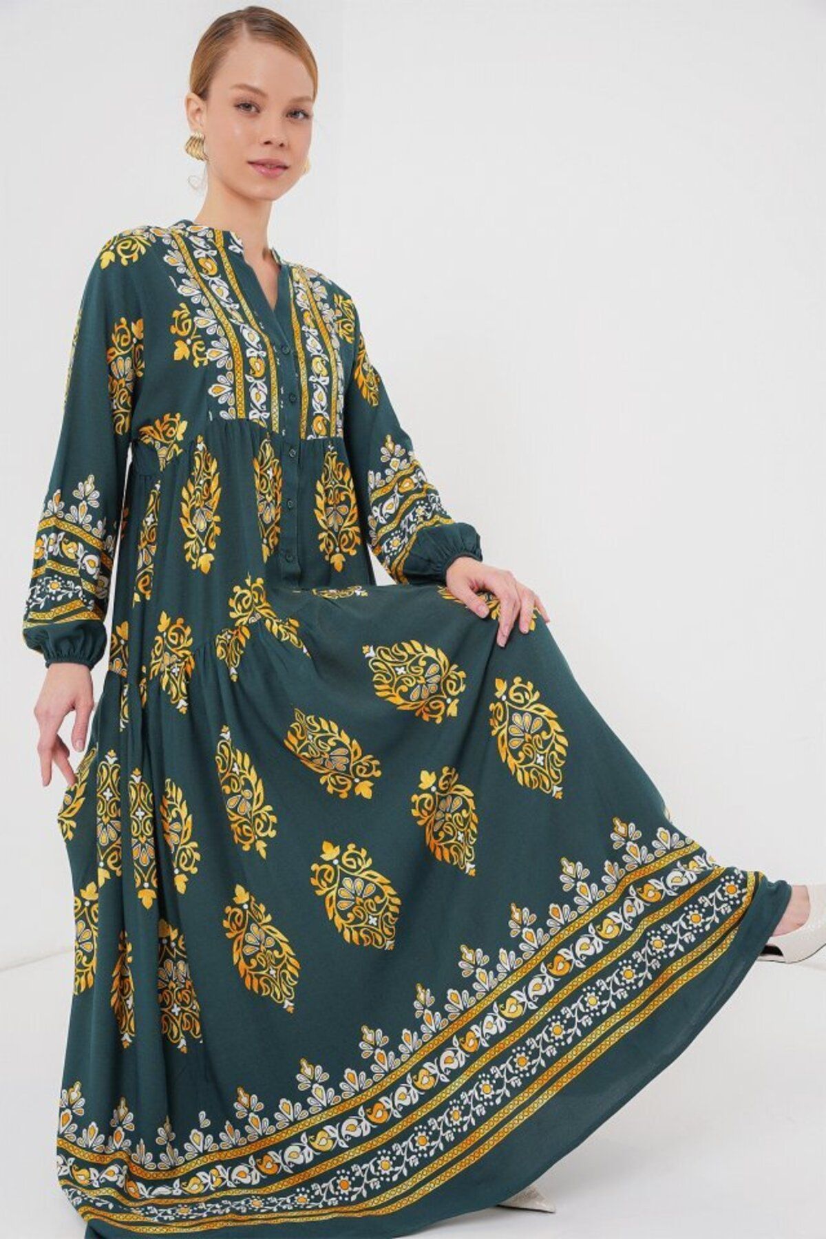 D&M Life Collection 2423 Otantik Desenli Tesettür Elbise - Yeşil 7 - 42