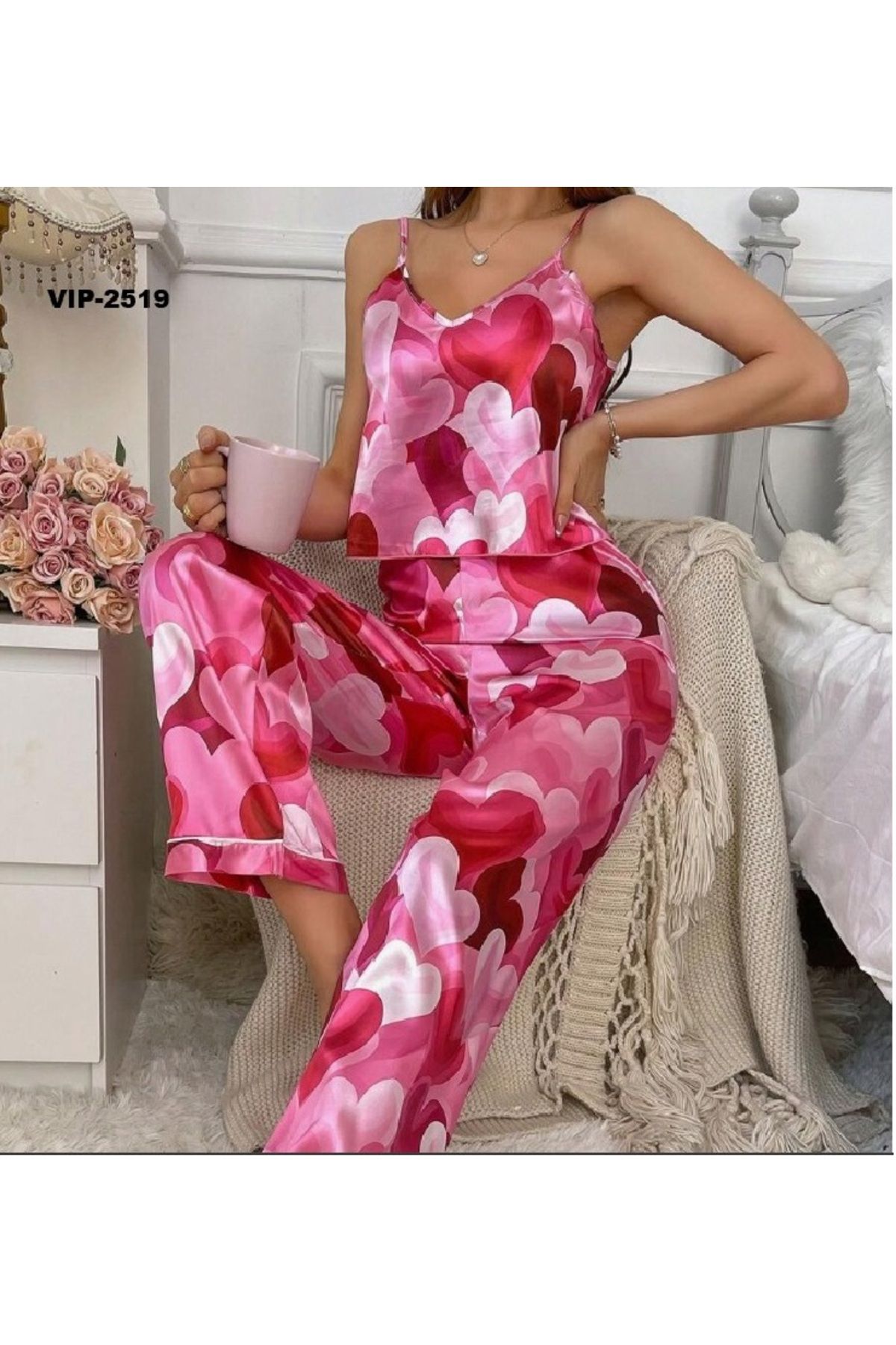 DRESSY LIFE Kadın Kalp Desenli İpeksi Saten Pijama Takımı