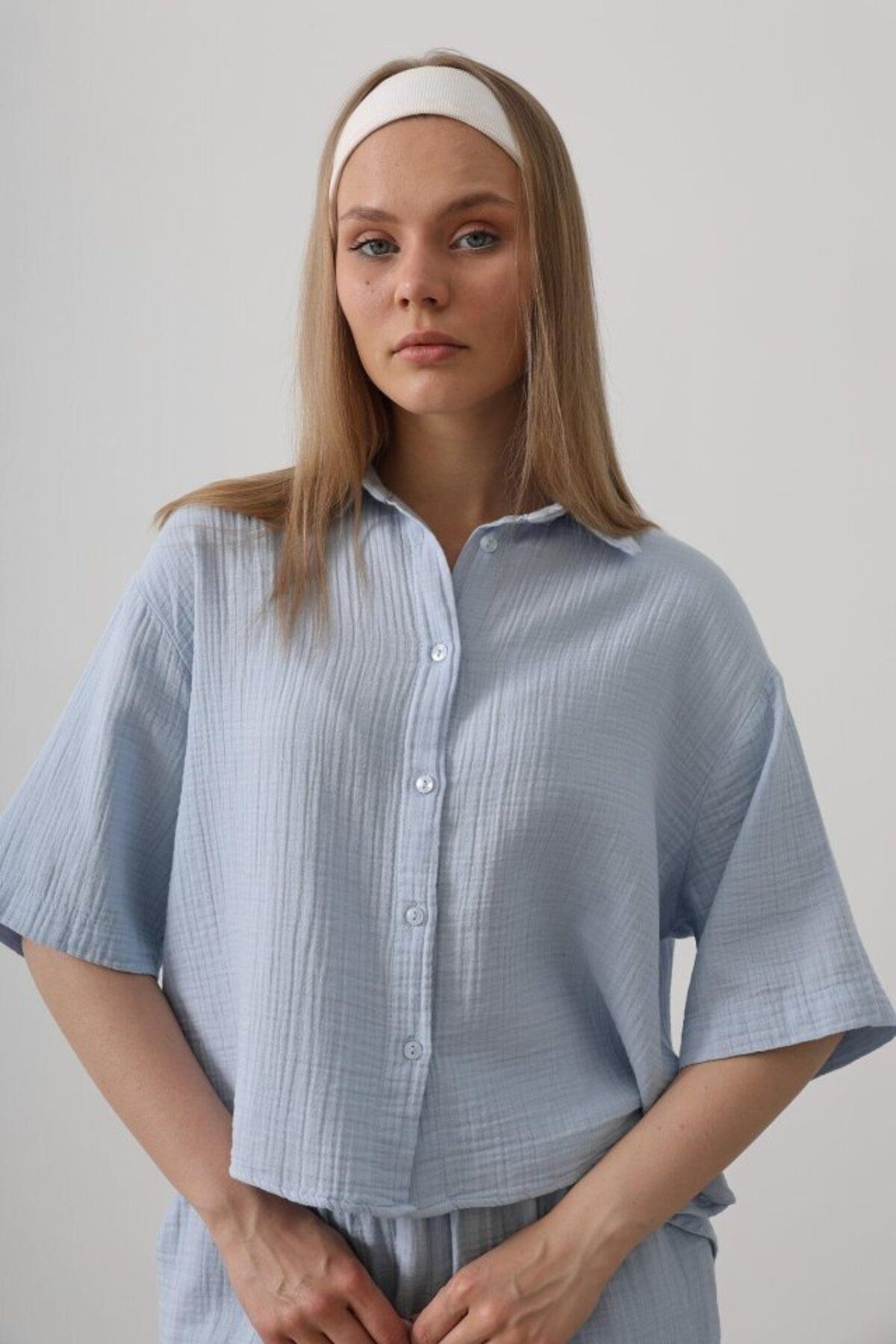 D&M Life Collection Yarım Kol Müslin Gömlek - Bebe Mavisi