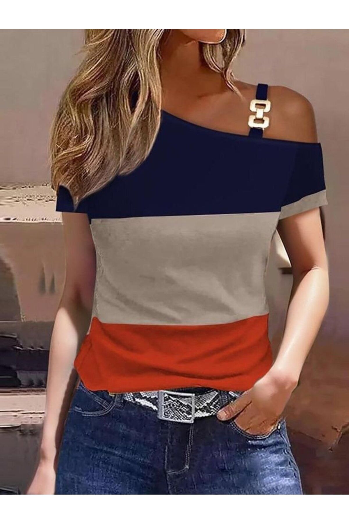 D&M Life Collection Kadın Kısa Kollu Tek Omuzu Açık Toka Detaylı çok Renkli Viskon Bluz - L-XL - Lacivert