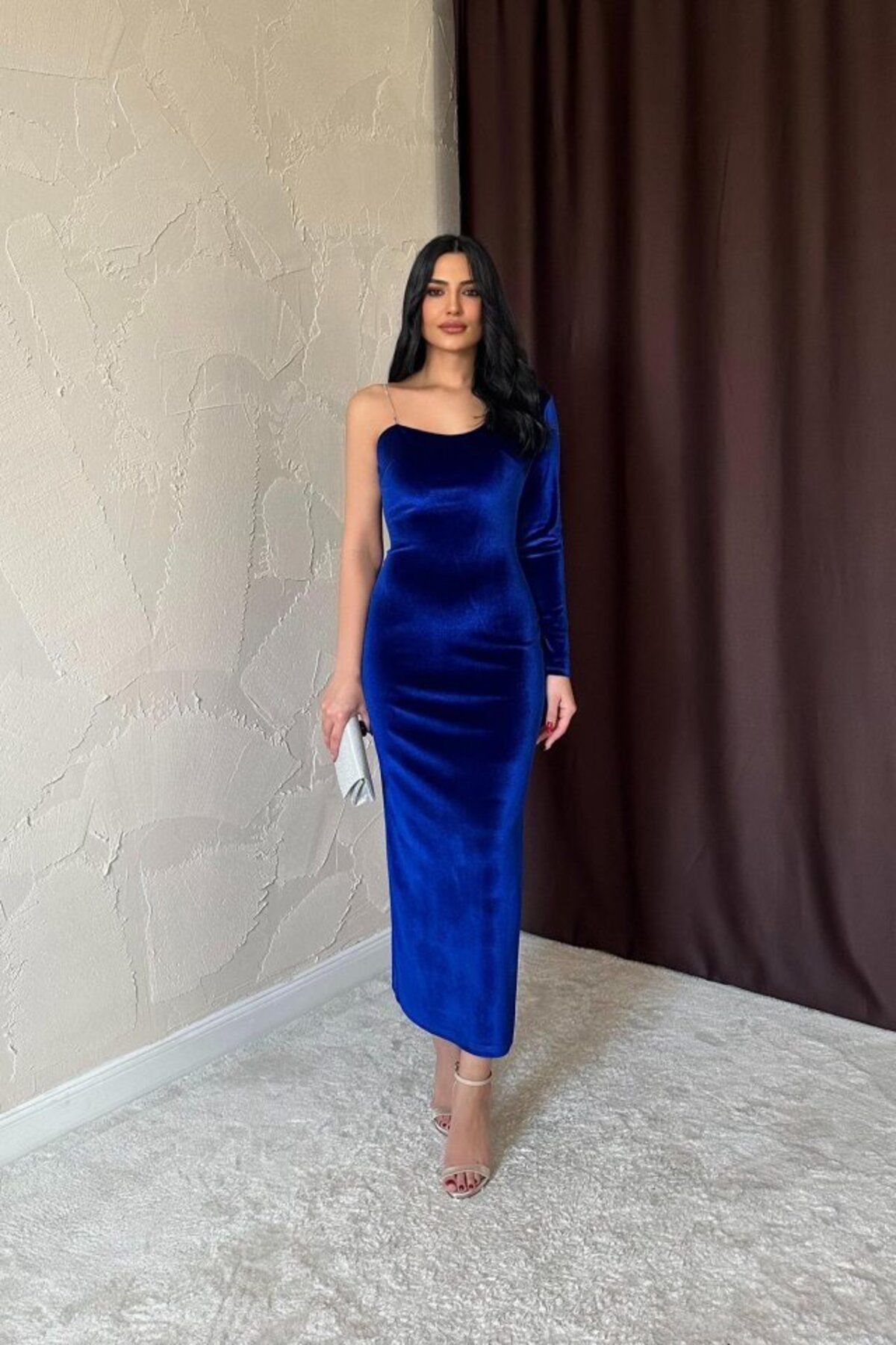 D&M Life Collection Saks Tek Omuzlu Taş Askılı Elbise