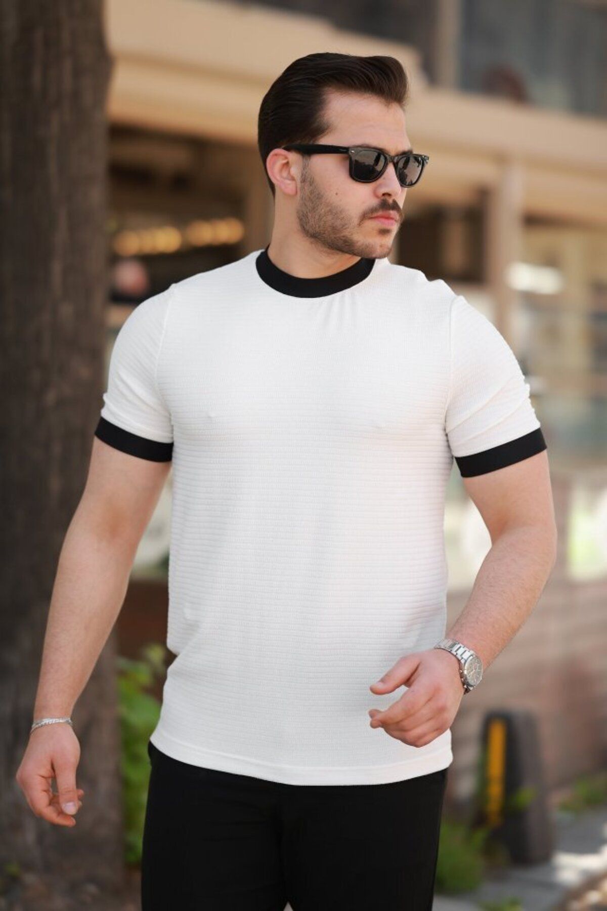 D&M Life Collection Erkek Bisiklet Yaka örme Pamuklu Kumaş Kısa Kollu T-shirt - M - Beyaz
