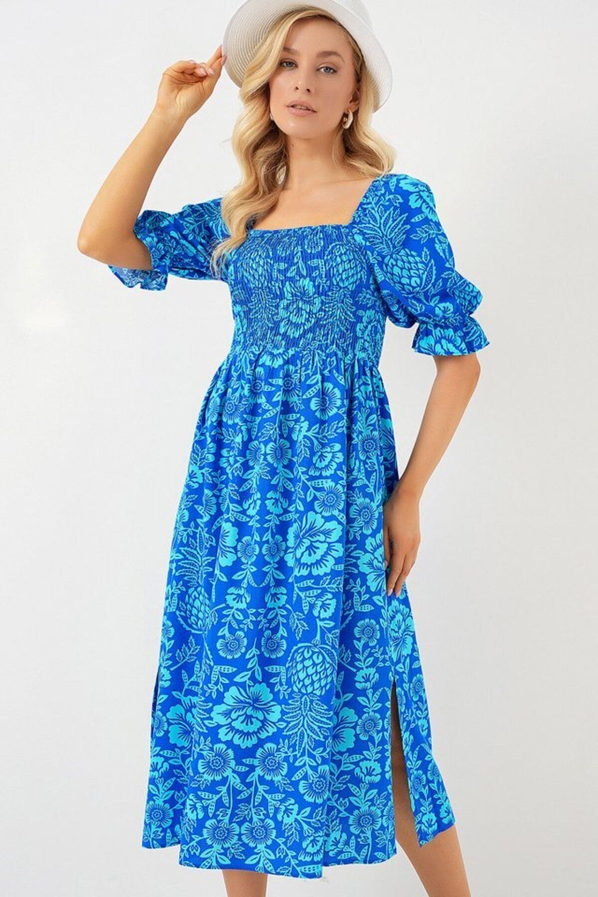 D&M Life Collection 2512 Desenli Yırtmaçlı Elbise - Mavi - 40 - Mavi