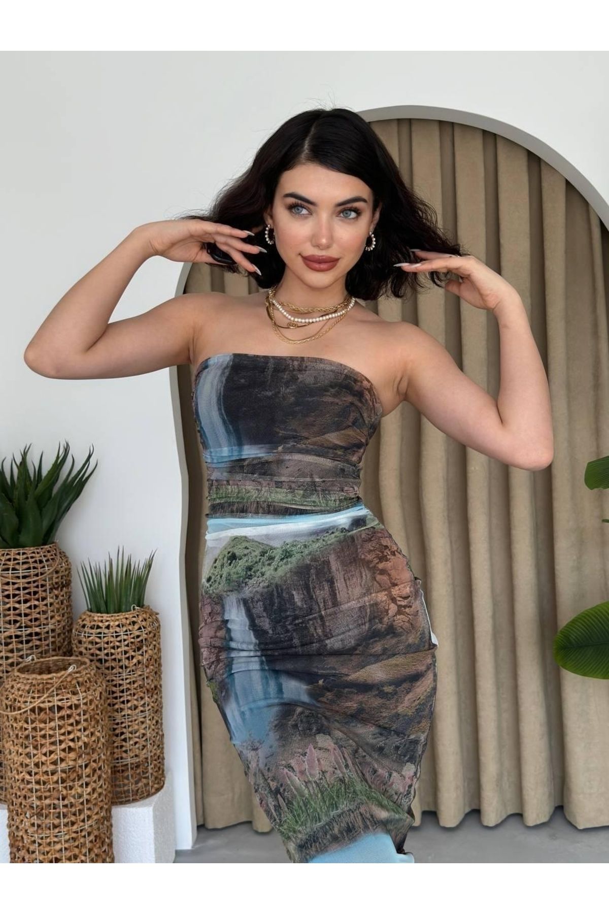 D&M Life Collection Mountain Straplez Tül Elbise - M - Desenli