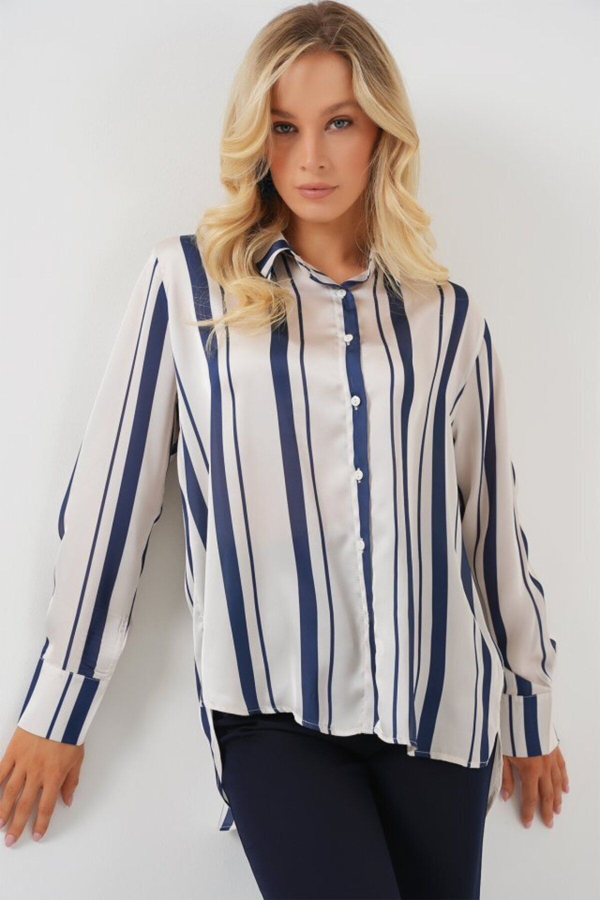 D&M Life Collection Çizgili Uzun Saten Gömlek 20291 - Lacivert - 42 - Lacivert