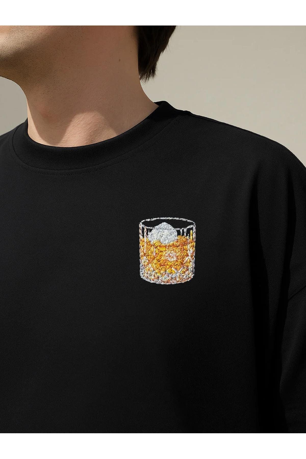 Trendiz Unisex Premium Whiskey on the Rocks Nakışlı Tshirt Siyah