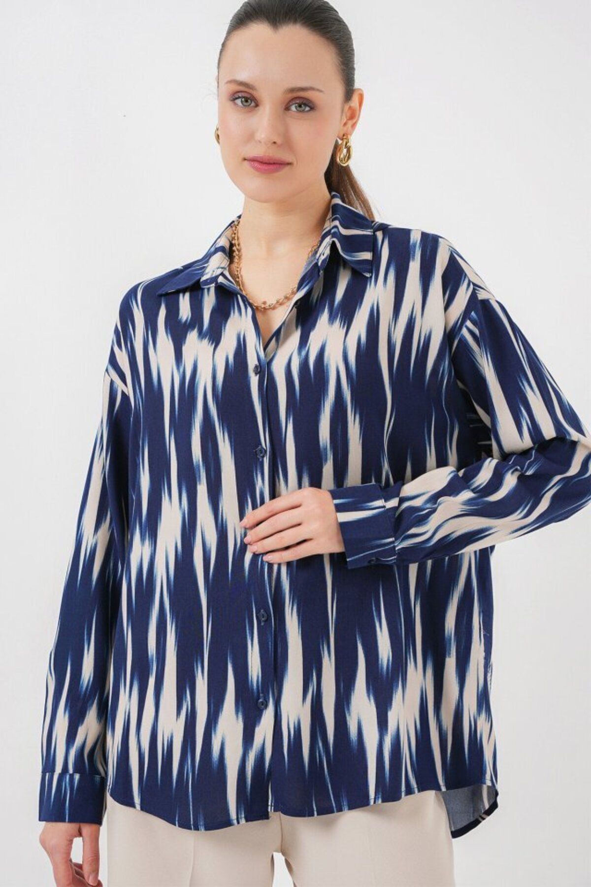 D&M Life Collection Desenli Oversize Gömlek 20301 - Lacivert - 38 - Lacivert