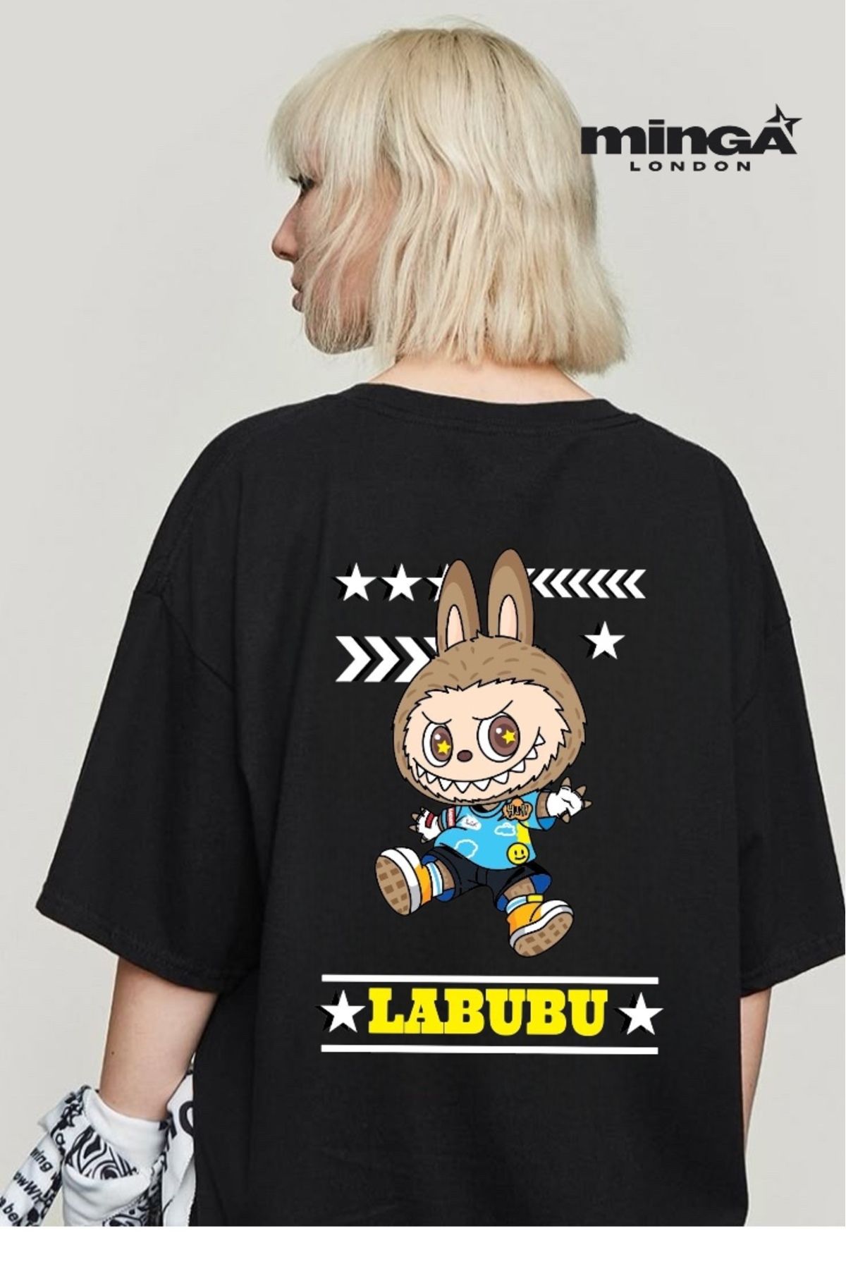 Minga London Labubu Sport Baskılı Siyah Oversize Tshirt- Minga London