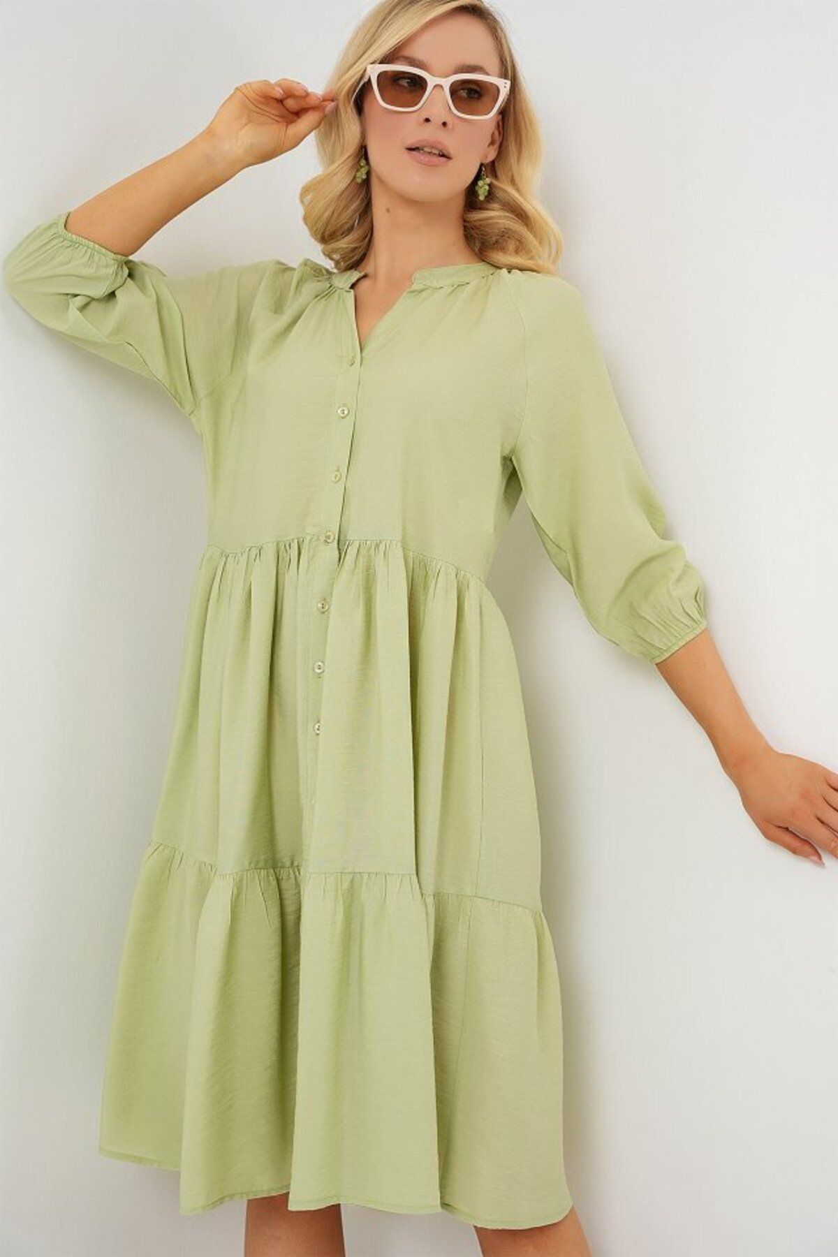 D&M Life Collection Düğmeli Kısa Kol Elbise 2559 - E.Yeşil - 38 - E.yeşil