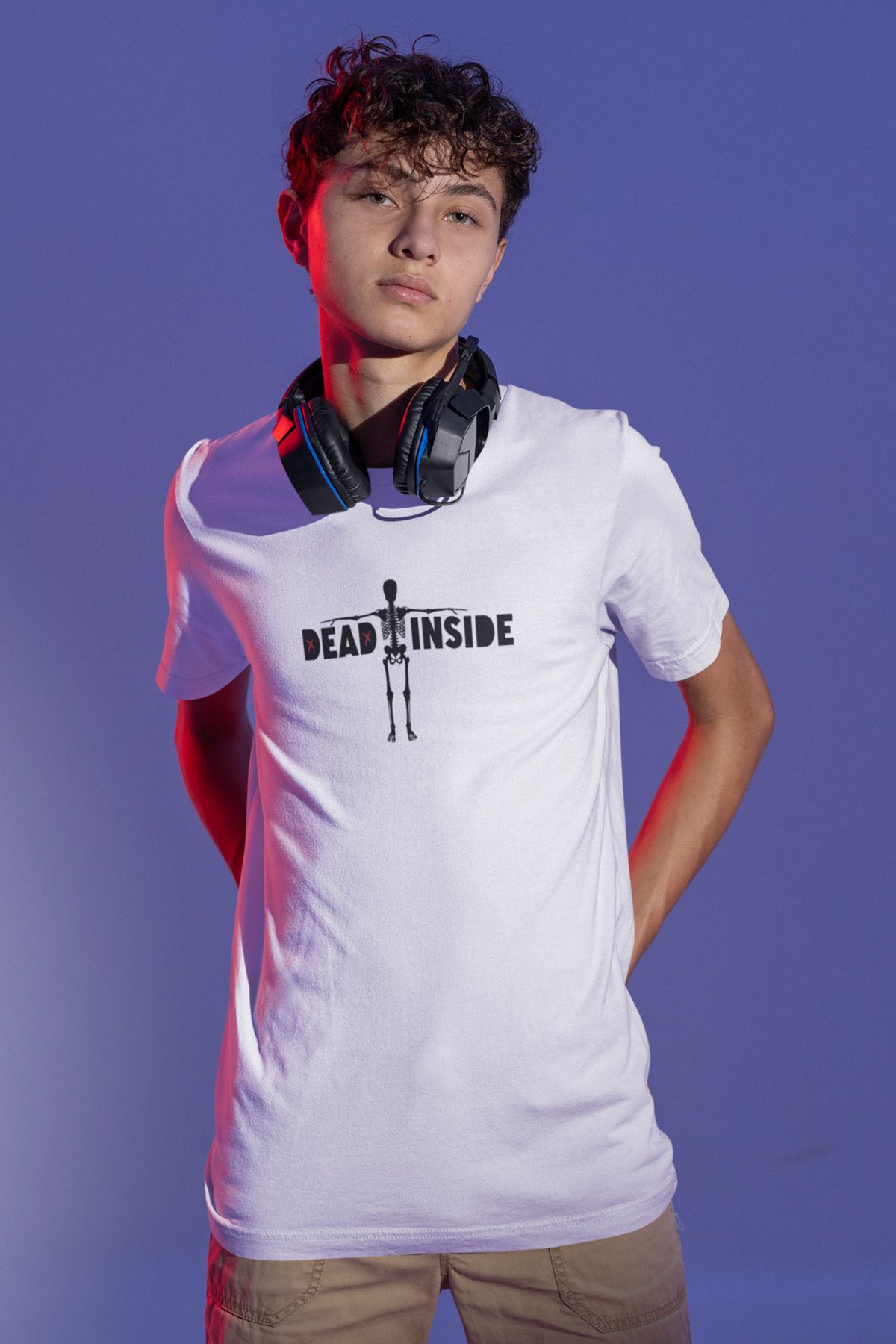 Was Plus Unisex Beyaz Oversize %100 Pamuklu "Dead Inside" İskelet Baskılı T-shirt