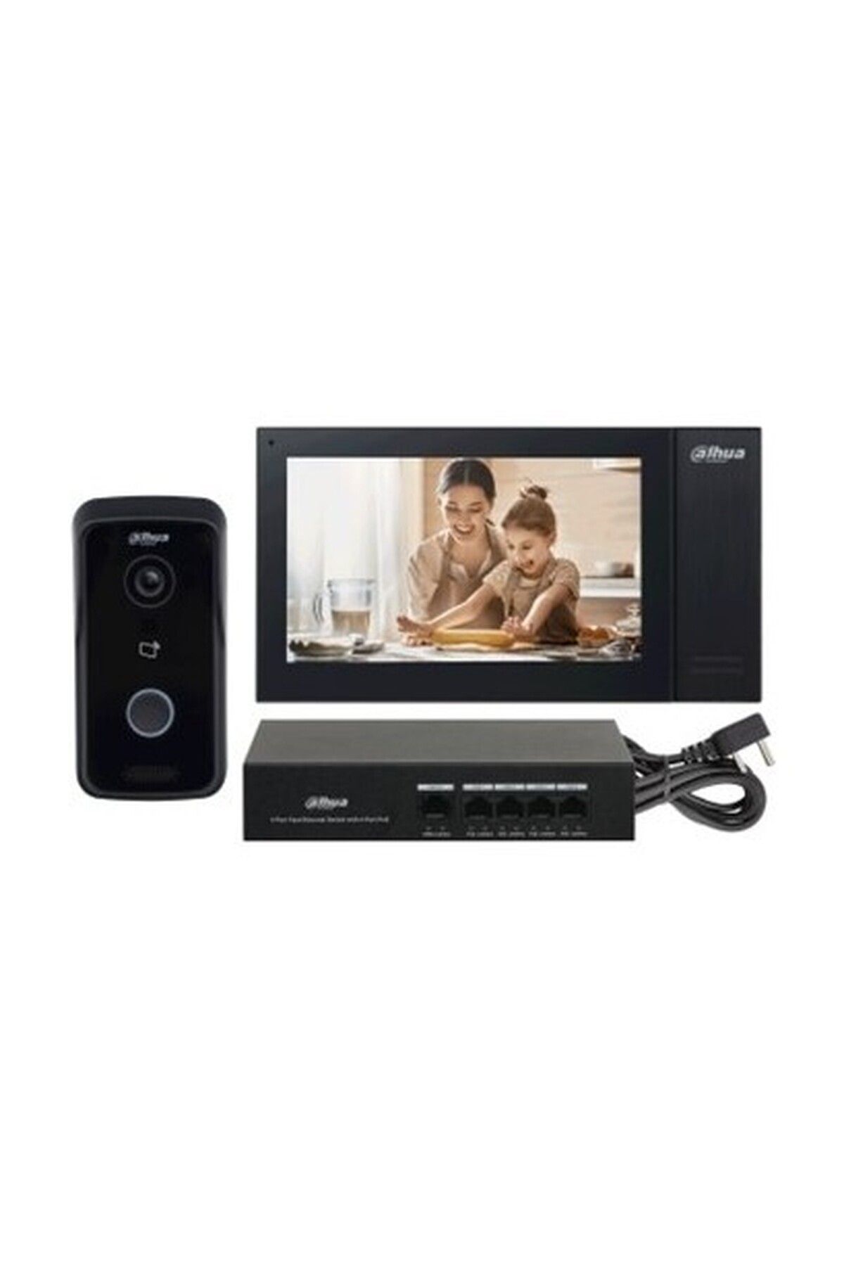 DAHUA KTP02 Kablolu (Cat6) 7 Tft Ekran ve Kapı Paneli + 4 Port Switch Siyah Ip Villa Interkom Set