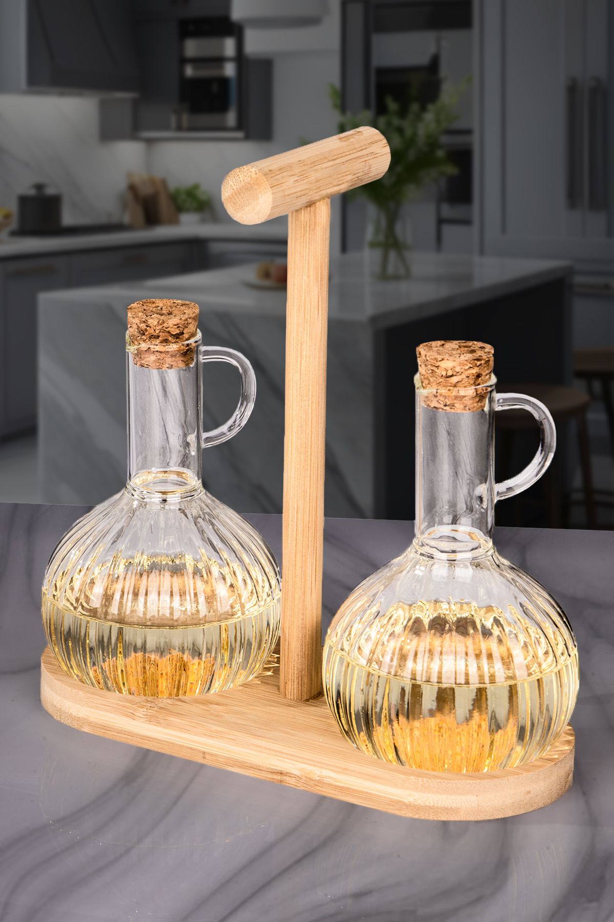 naturelove 2 li Borosilikat Mantar Tıpalı Bambu Stantlı Yağdanlık Sosluk