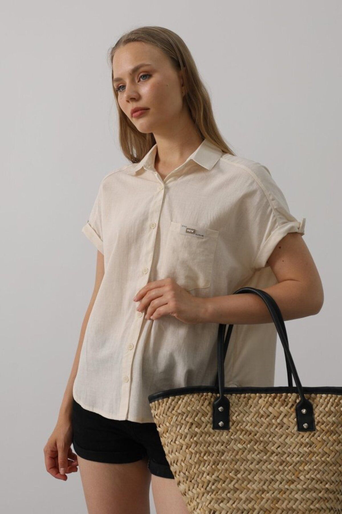 D&M Life Collection Etiket Detaylı Yarım Kol Gömlek - Taş - L