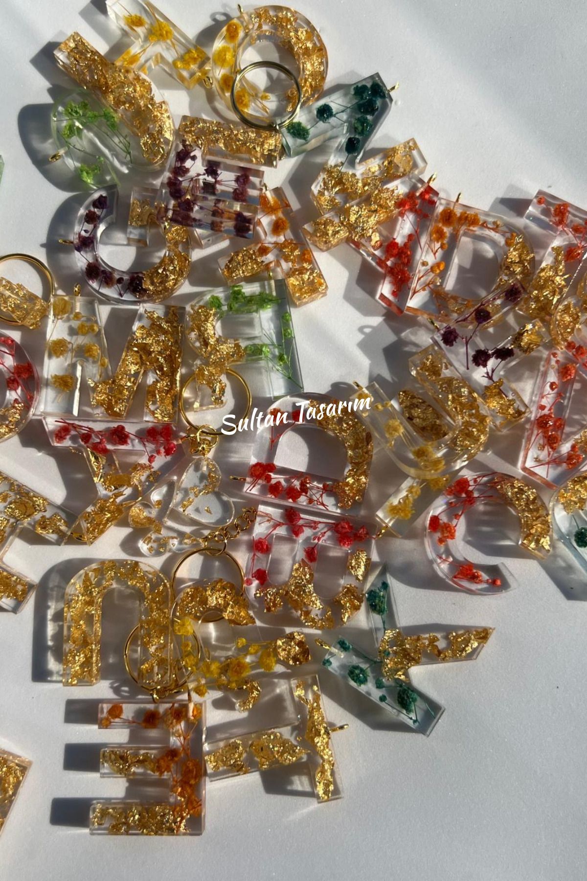 Sultan Tasarım-Gold Foil Floral Glittery-Paillette Epoxy Letter - Number Keychains 4
