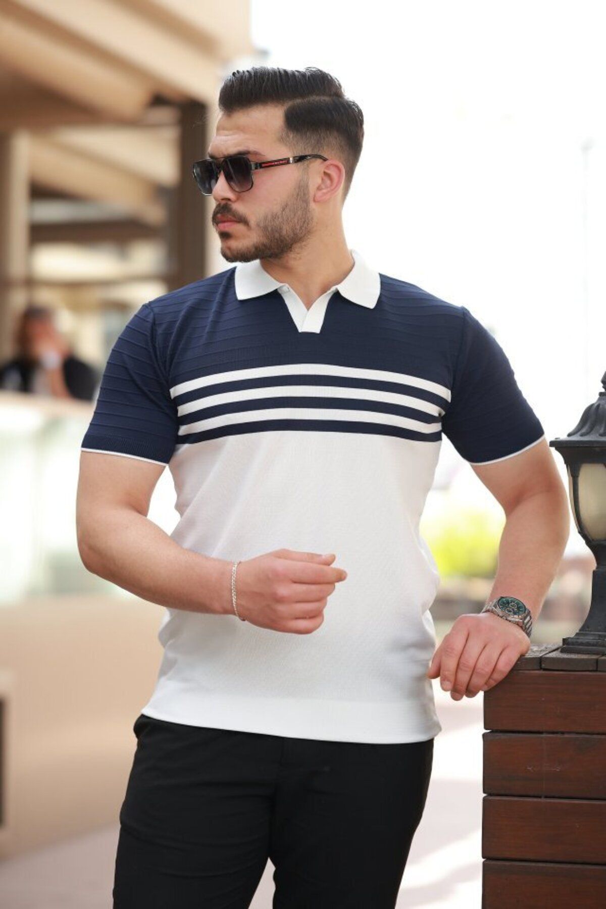 D&M Life Collection Erkek çizgi Desenli Yakalı Kısa Kollu T-shirt - 2XL - Lacivert-Beyaz