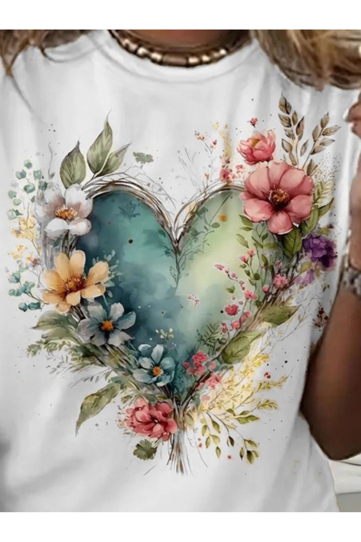 D&M Life Collection Kadın Kısa Kollu Bisiklet Yaka Kalp Desenli Süprem Bluz - S-M - Beyaz