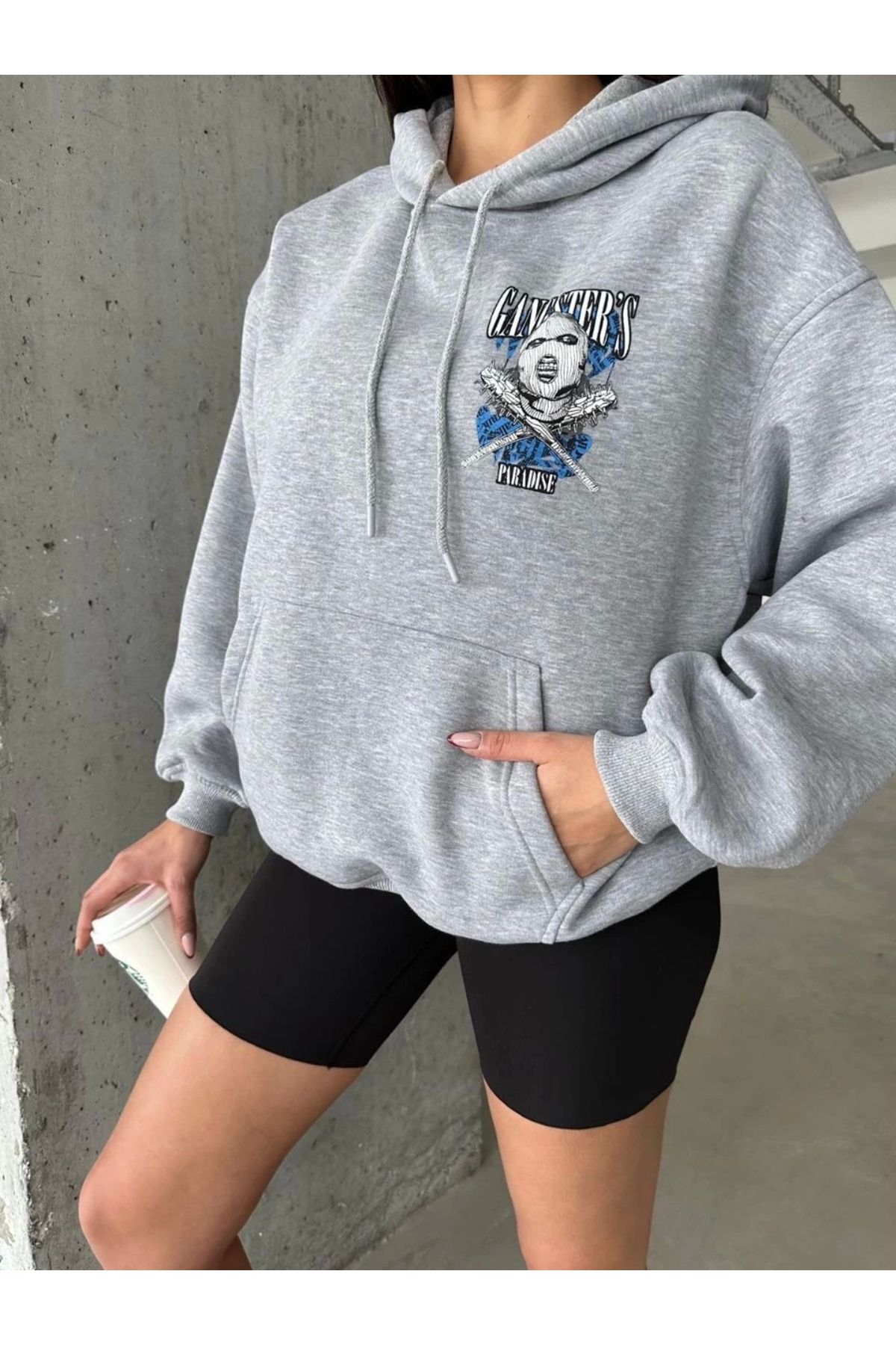 KAZAK 3 iplik şardonlu oversize compact kafa baskılı sweat gri