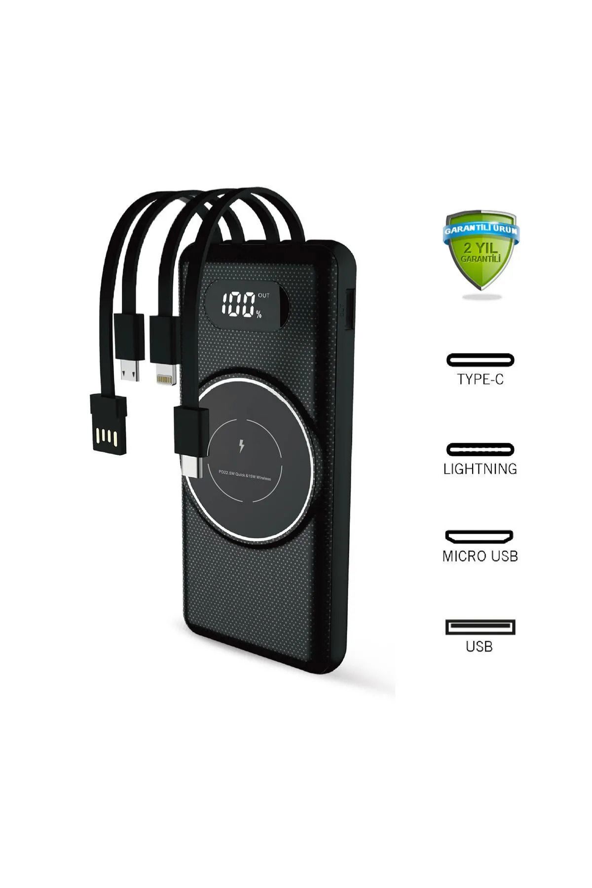 OBRAX LED Ekranlı Dahili Kablolu 22.5W Hızlı Şarj Destekli 10.000mAh Magsafe 15W Powerbank