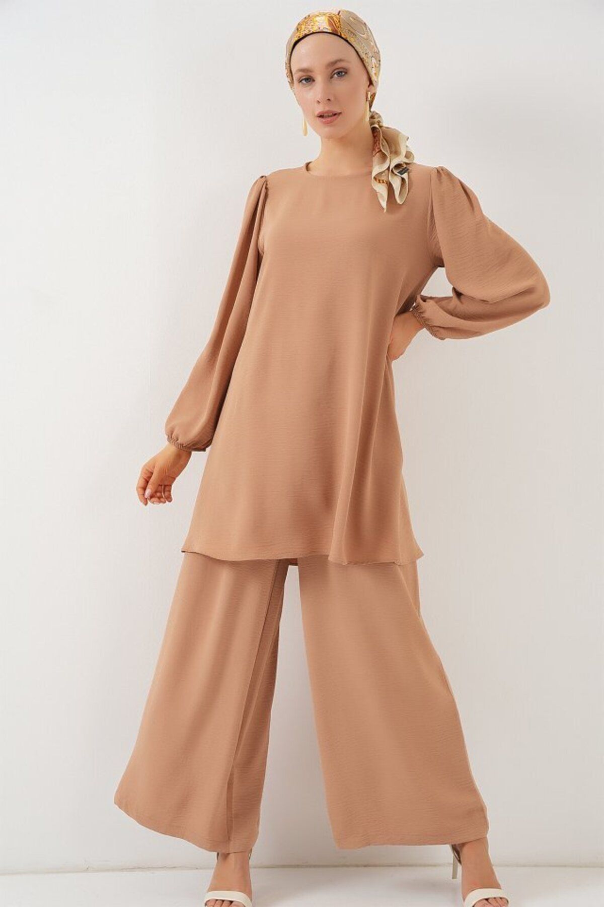 D&M Life Collection Ayrobin Tunik Pantolon Alt Üst Takım 6712 - Vizon