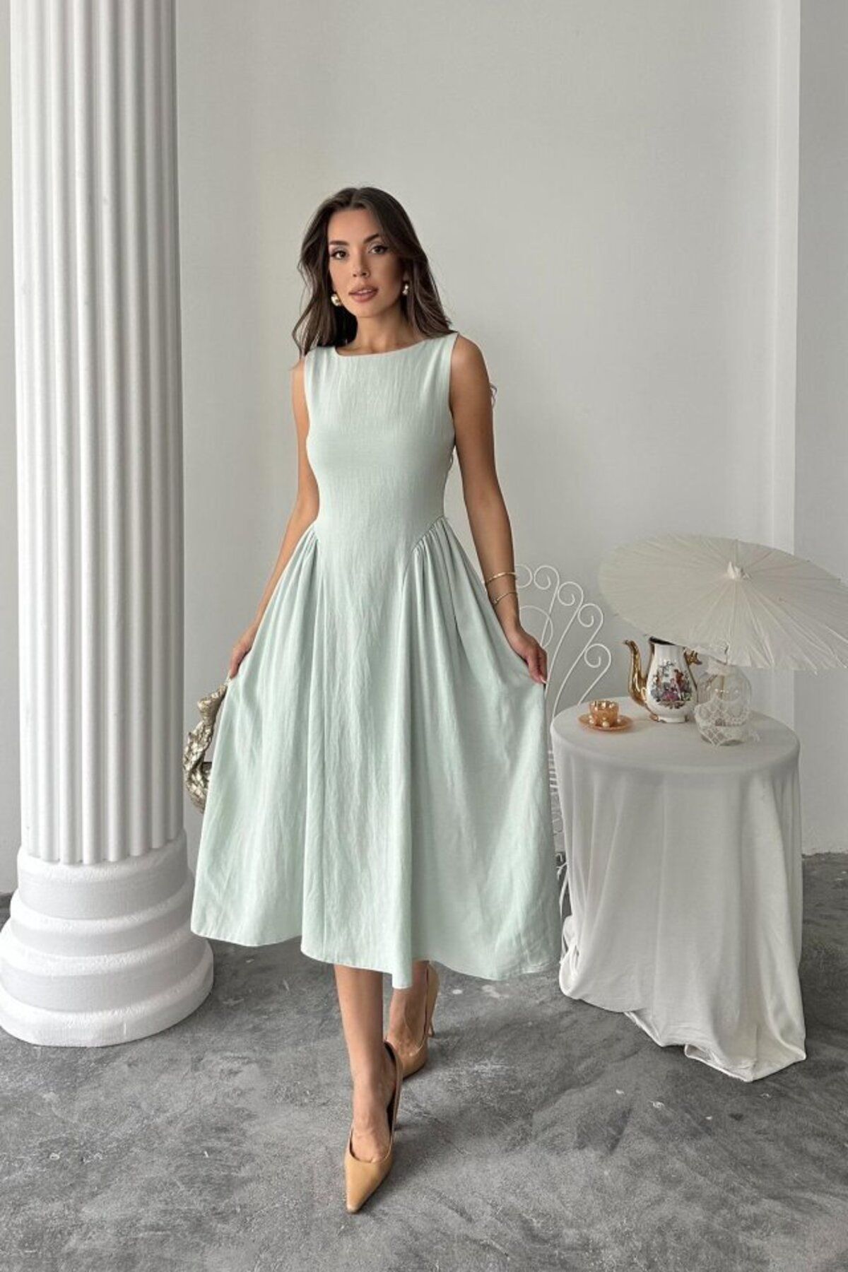 D&M Life Collection Mint Yanları Büzgülü Midi Boy Keten Elbise