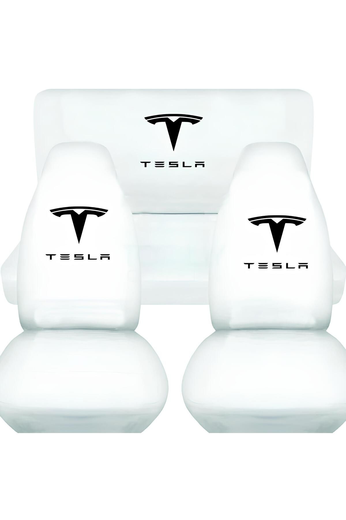 1araba1ev Oto Koltuk Kılıfı Beyaz Penye Tesla Baskılı Ön Arka Takım Set