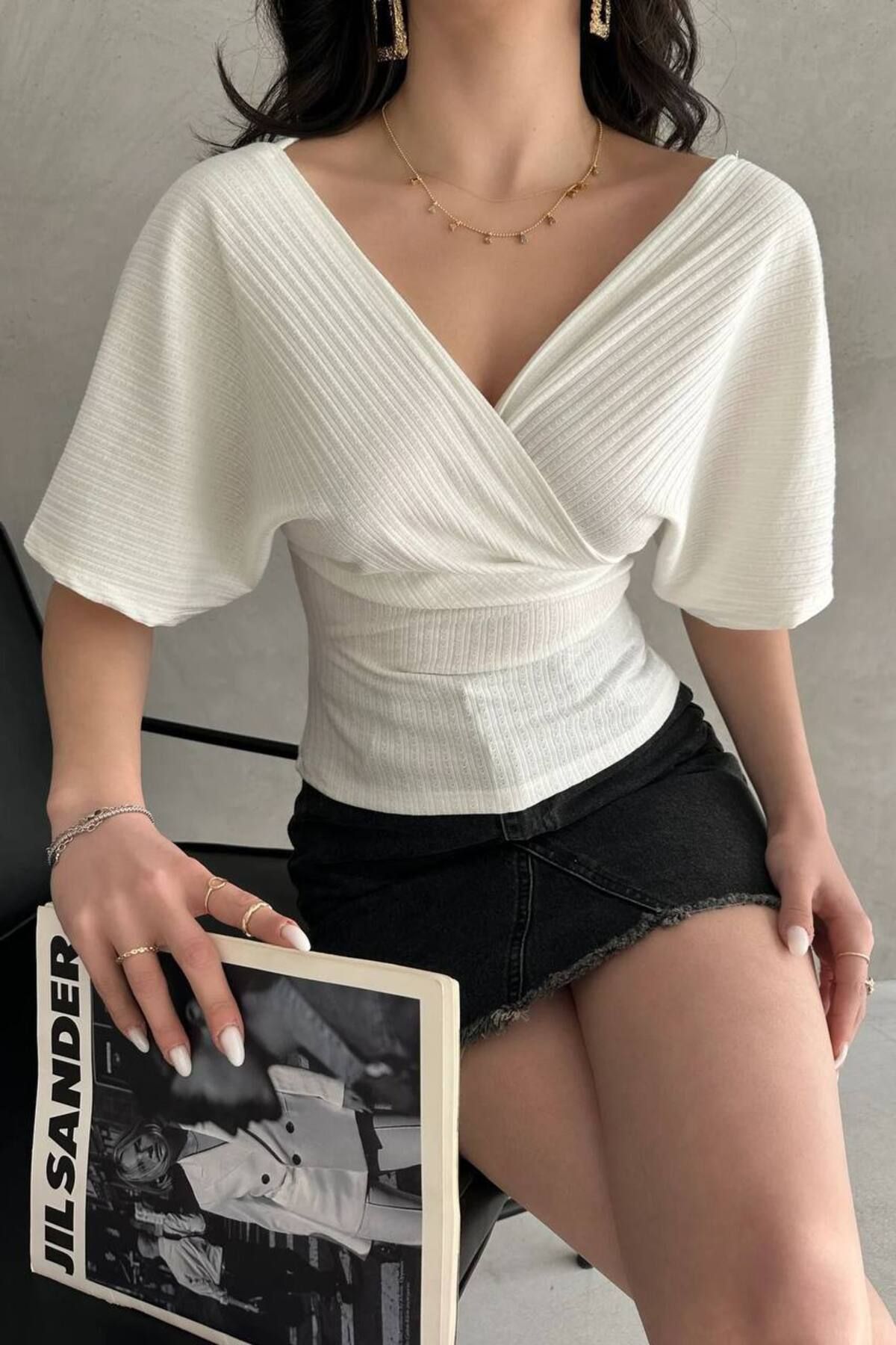 LB Laluna Butik Kadın Ay Kol Kruvaze Yaka Sırtı Çapraz Bant Detaylı Bluz