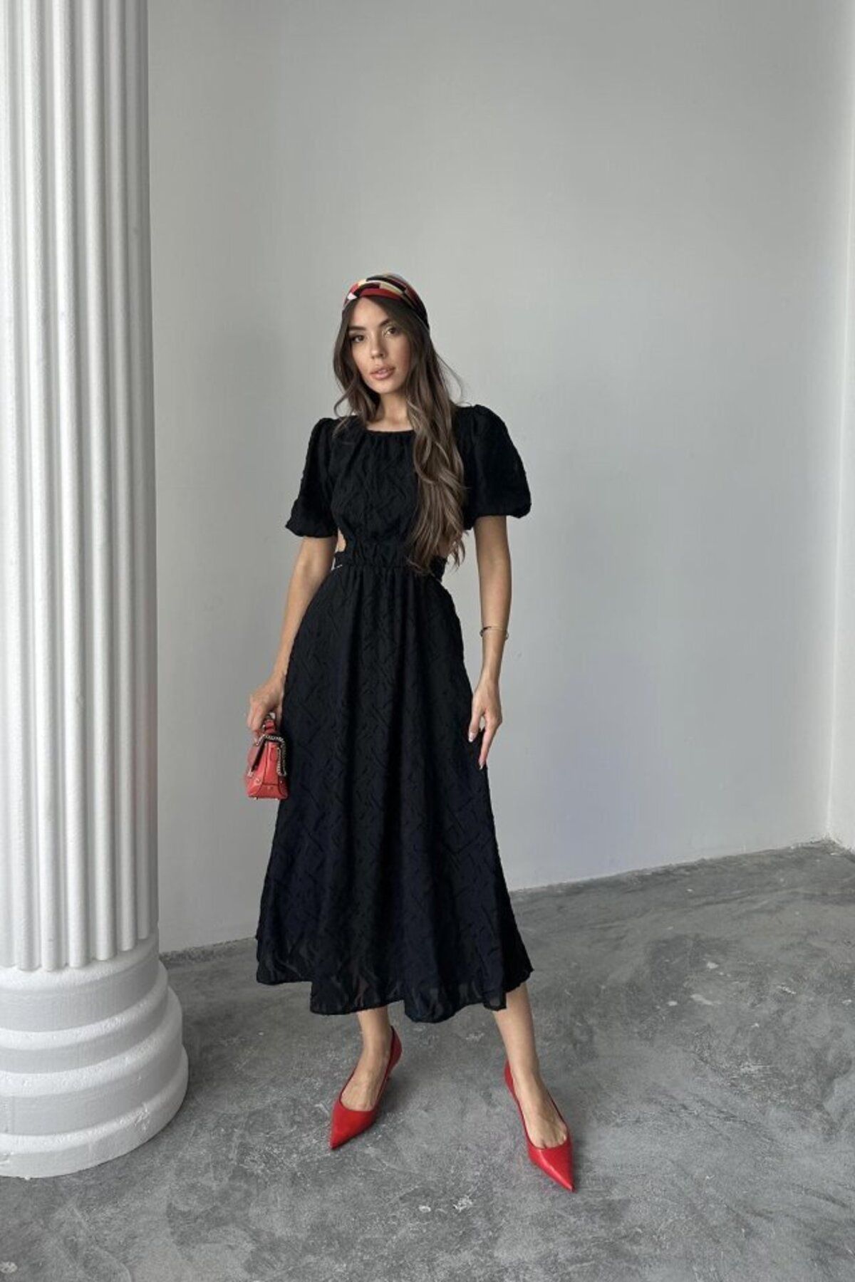 D&M Life Collection Siyah Balon Kol Kuşaklı Elbise - M - Siyah