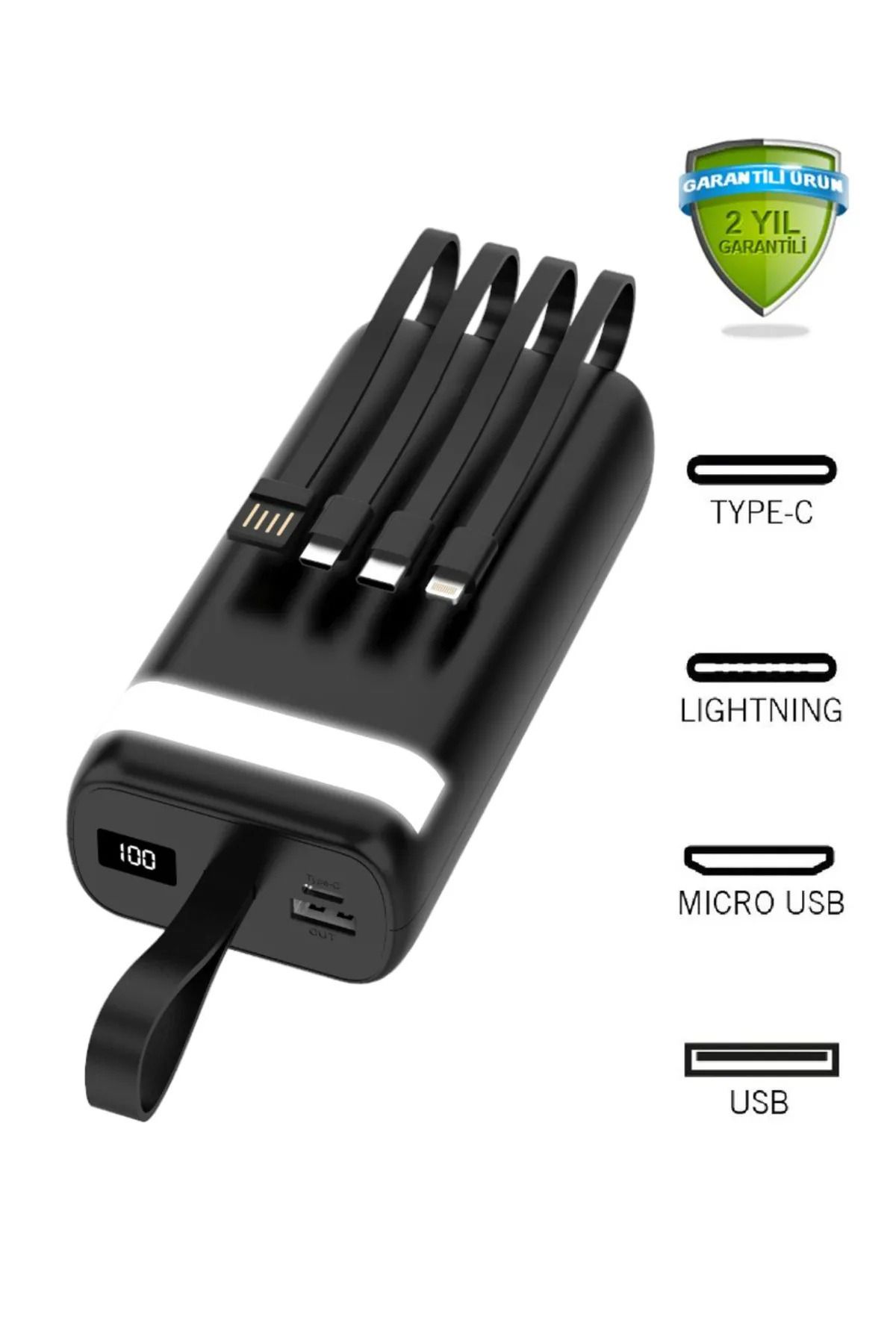 OBRAX Dahili Kablolu Fenerli 30.000 mAh LCD Göstergeli Güç Bankası Taşınabilir Powerbank