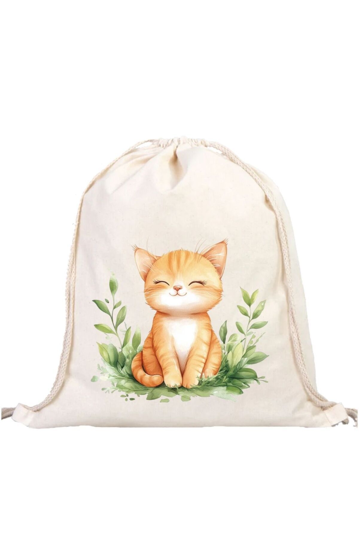 ÇANTA Narince - Çiçekler Arasında Tatlı Kedi Çizimli Büzgülü Çanta