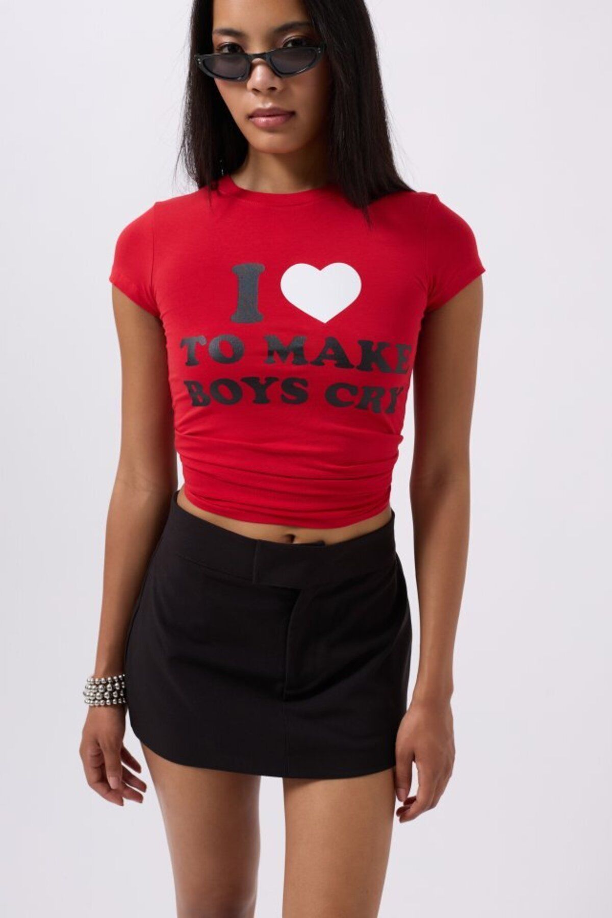 D&M Life Collection Nakış Detay Baskılı Crop T-Shirt