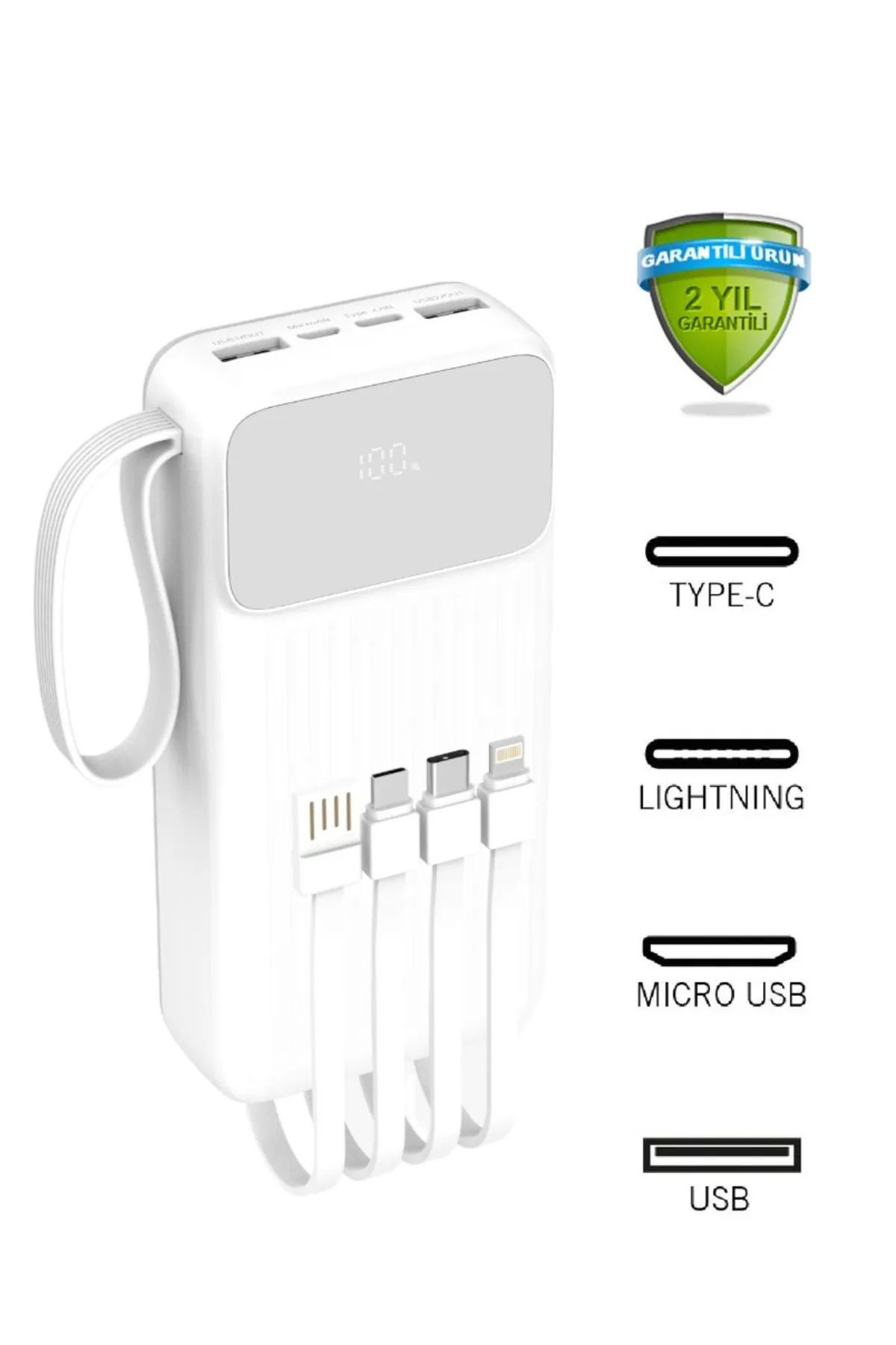 OBRAX LCD Göstergeli Dahili Kablolu Fenerli 20.000 mAh Güç Bankası Taşınabilir Powerbank